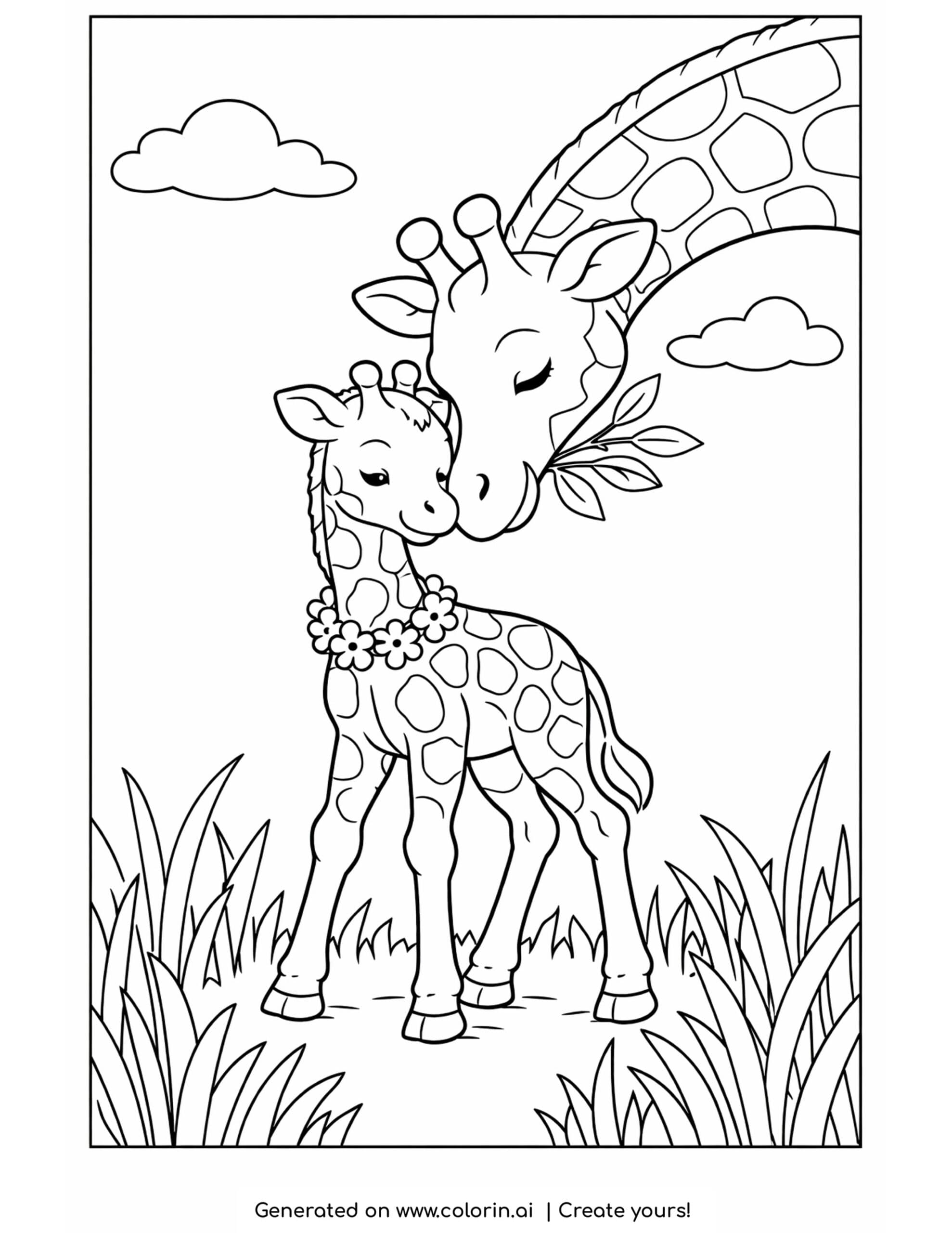 giraffe coloring pages, a baby giraffe standing on new wobbly legs while its mother leans down to nuzzle it