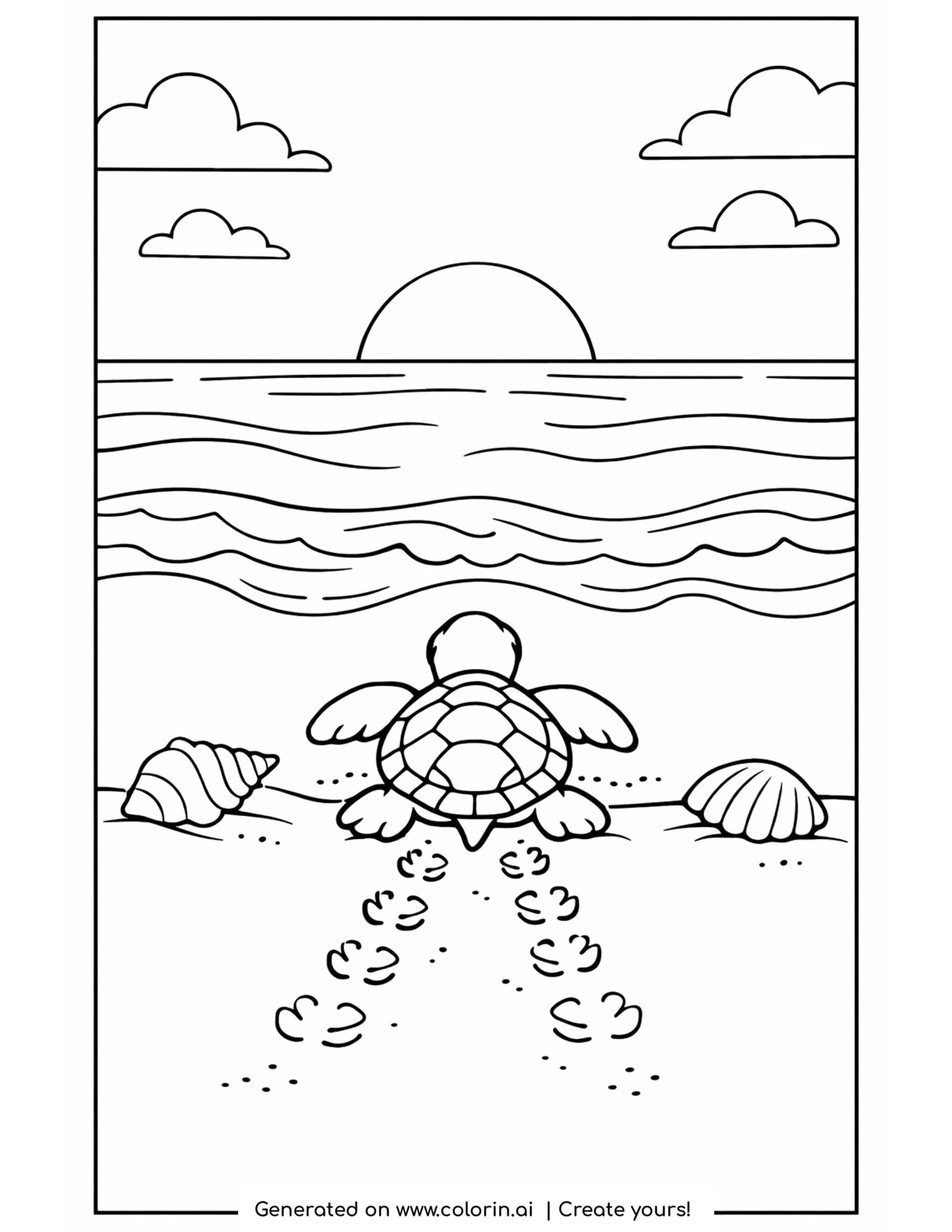 sea turtle coloring pages, a baby sea turtle racing across the sand toward the ocean at sunset with shells