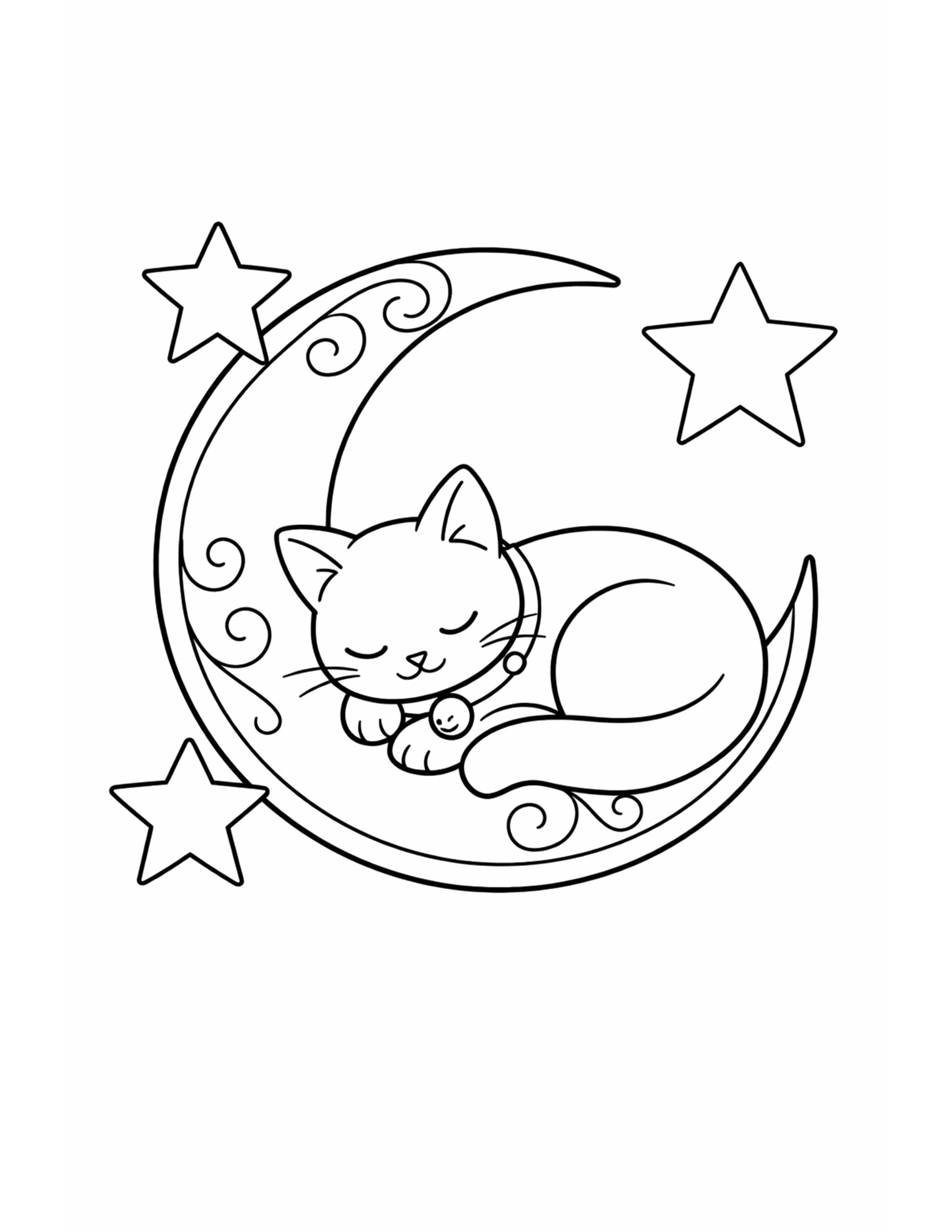 black cat coloring pages, a sleeping cat curled inside a crescent moon surrounded by stars