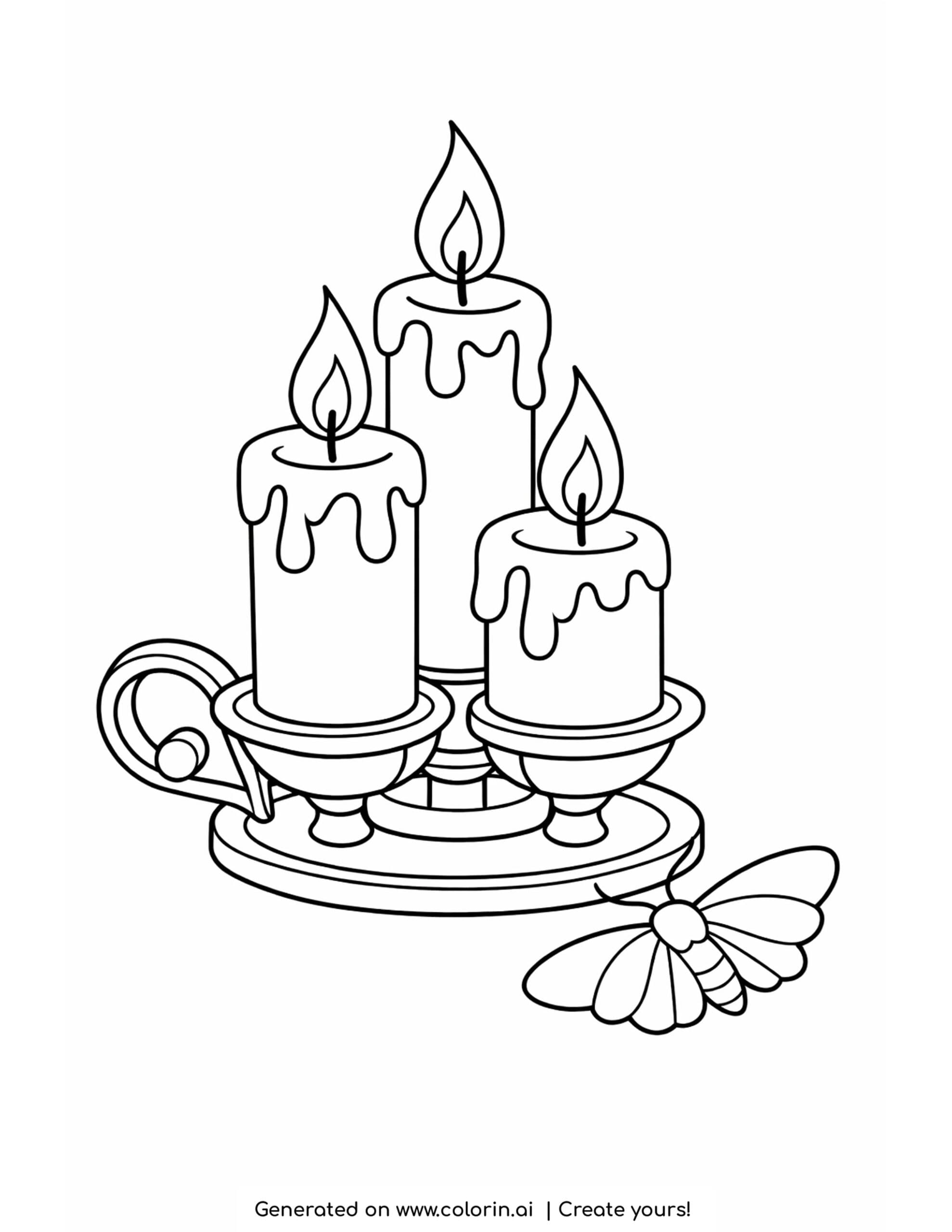 candle coloring pages, a cluster of three dripping melting candles in an old holder with a moth