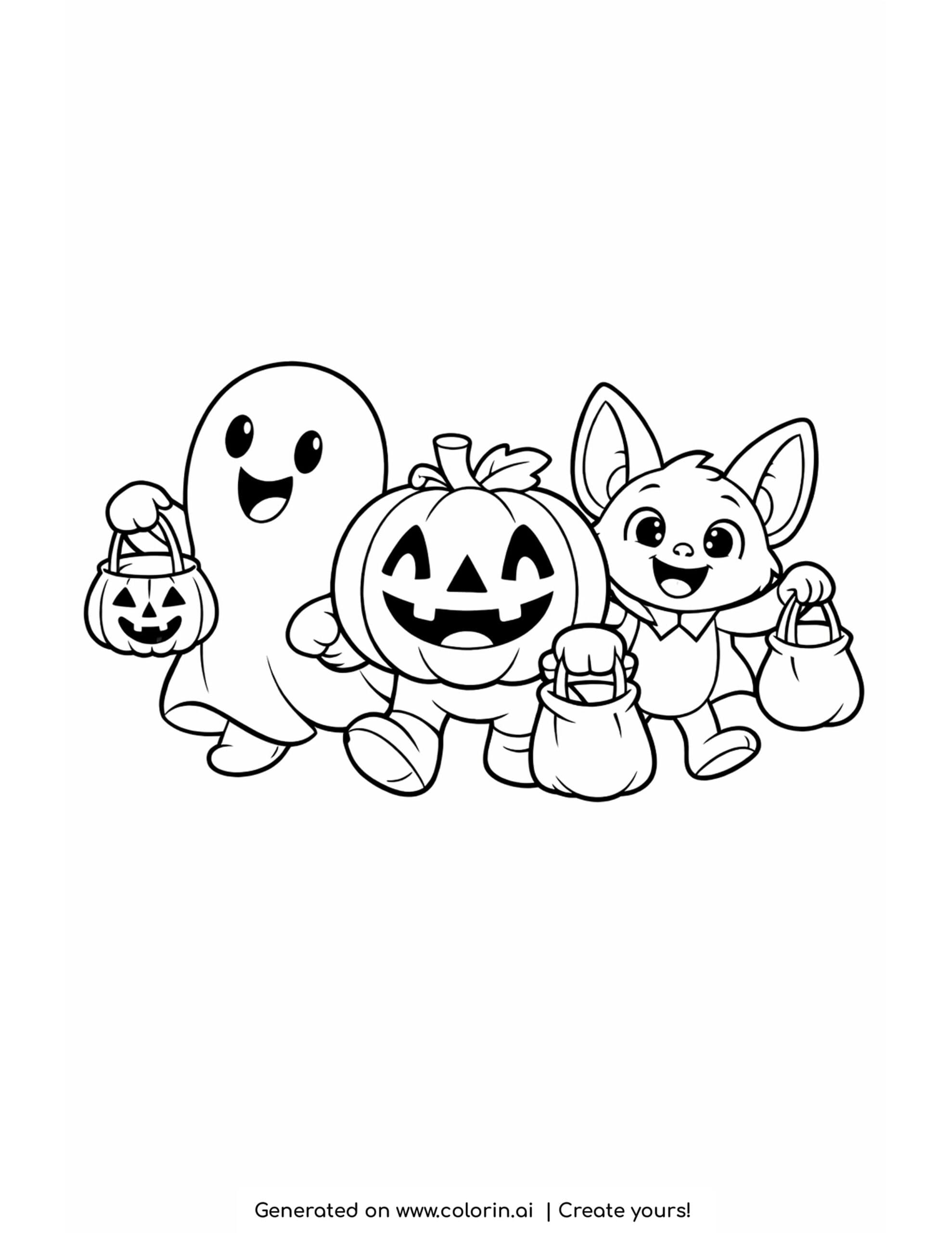 cartoon halloween coloring pages, a ghost, pumpkin, and bat trick-or-treating with candy bags