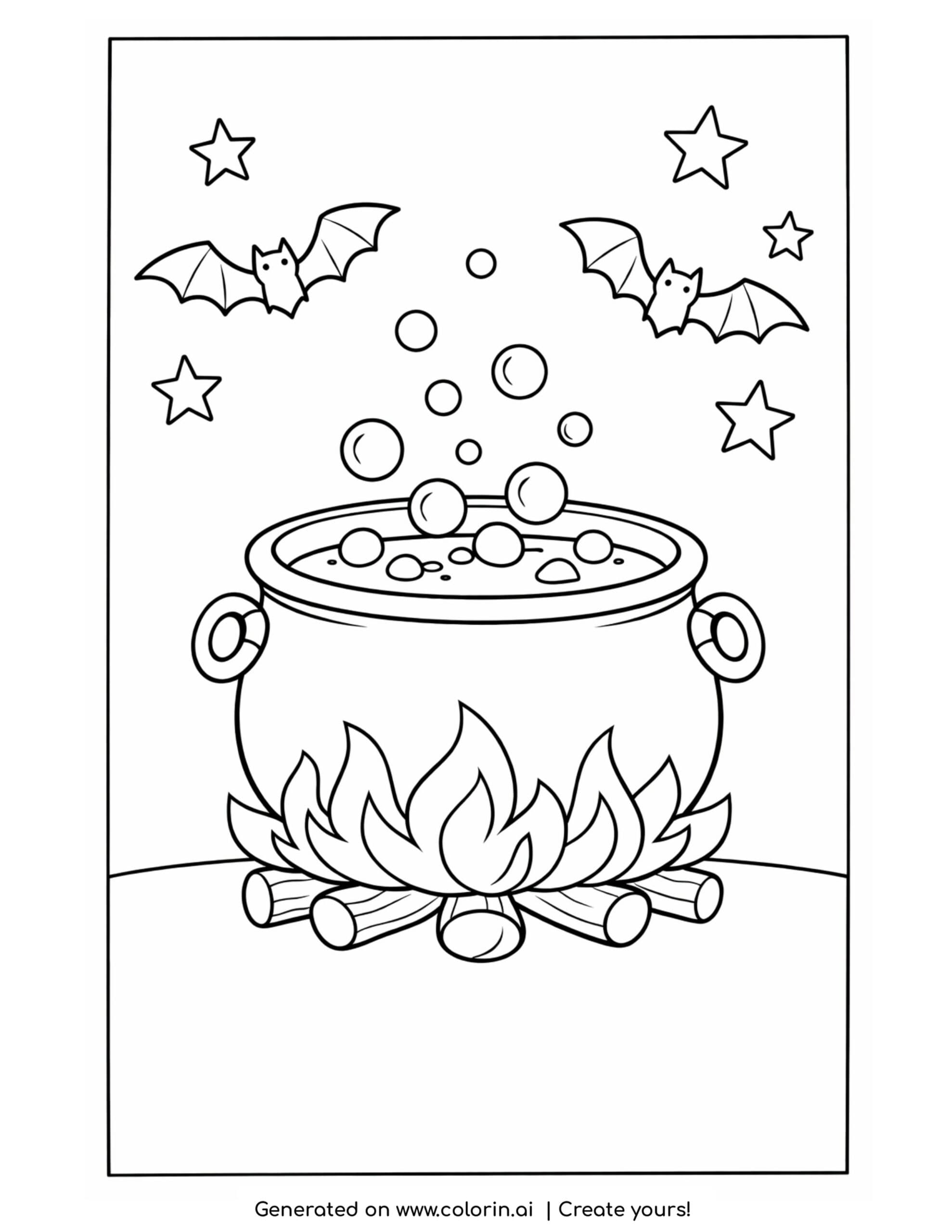 cauldron coloring pages, a cast iron cauldron bubbling over a fire with bats and stars above