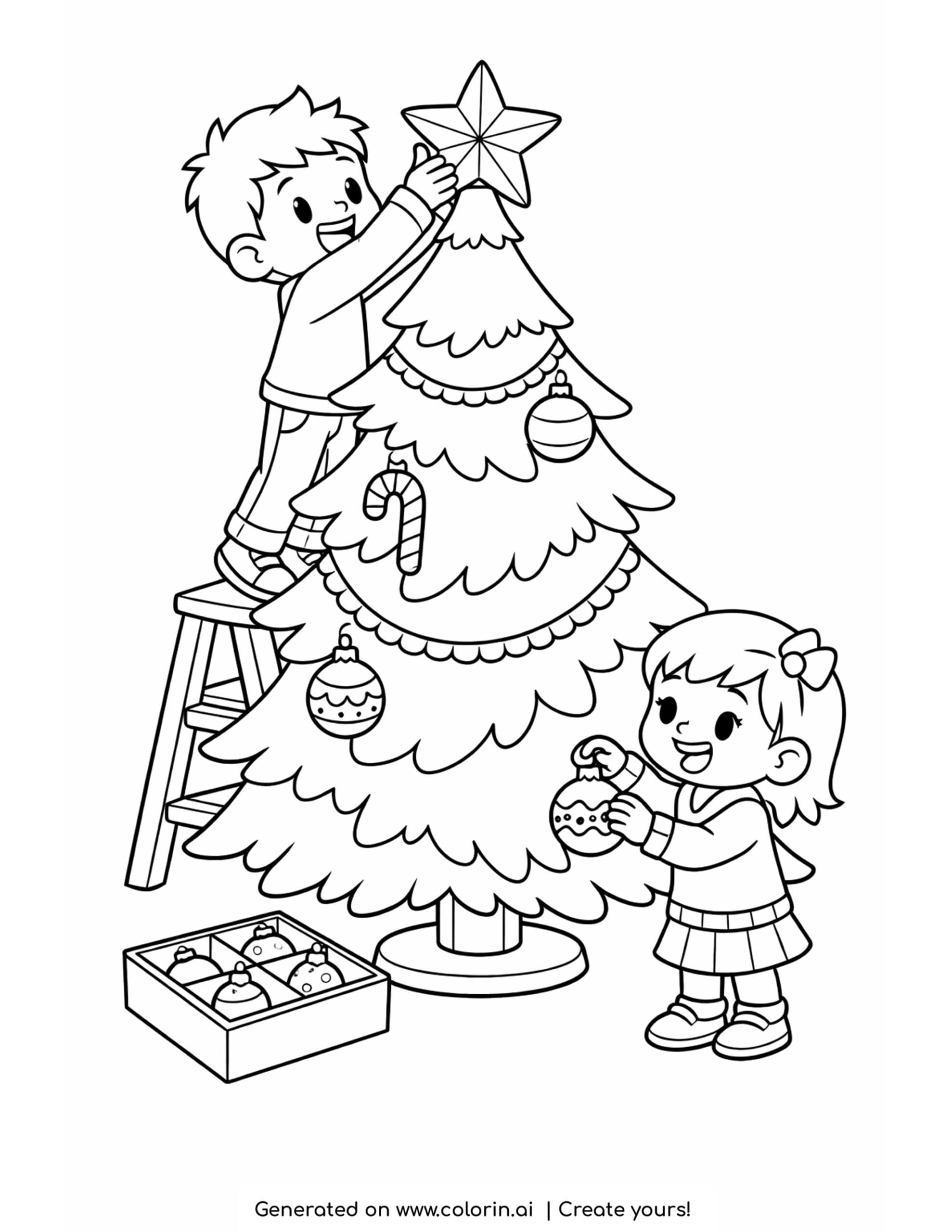 christmas coloring pages for kids, two children decorating a Christmas tree with a star and ornaments