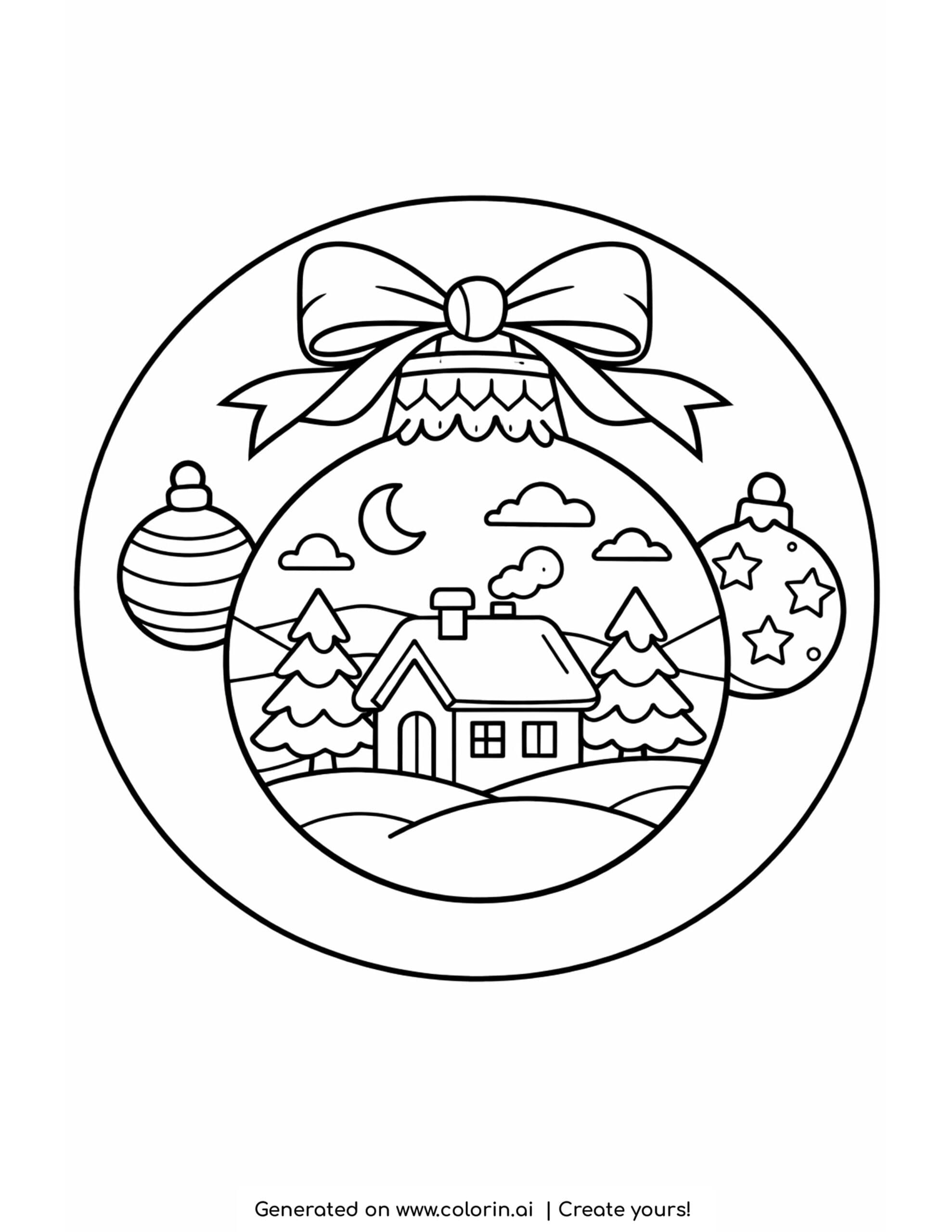 christmas ornaments coloring pages, a large bauble holding a snowy scene of a house, trees, and a moon with a bow on top