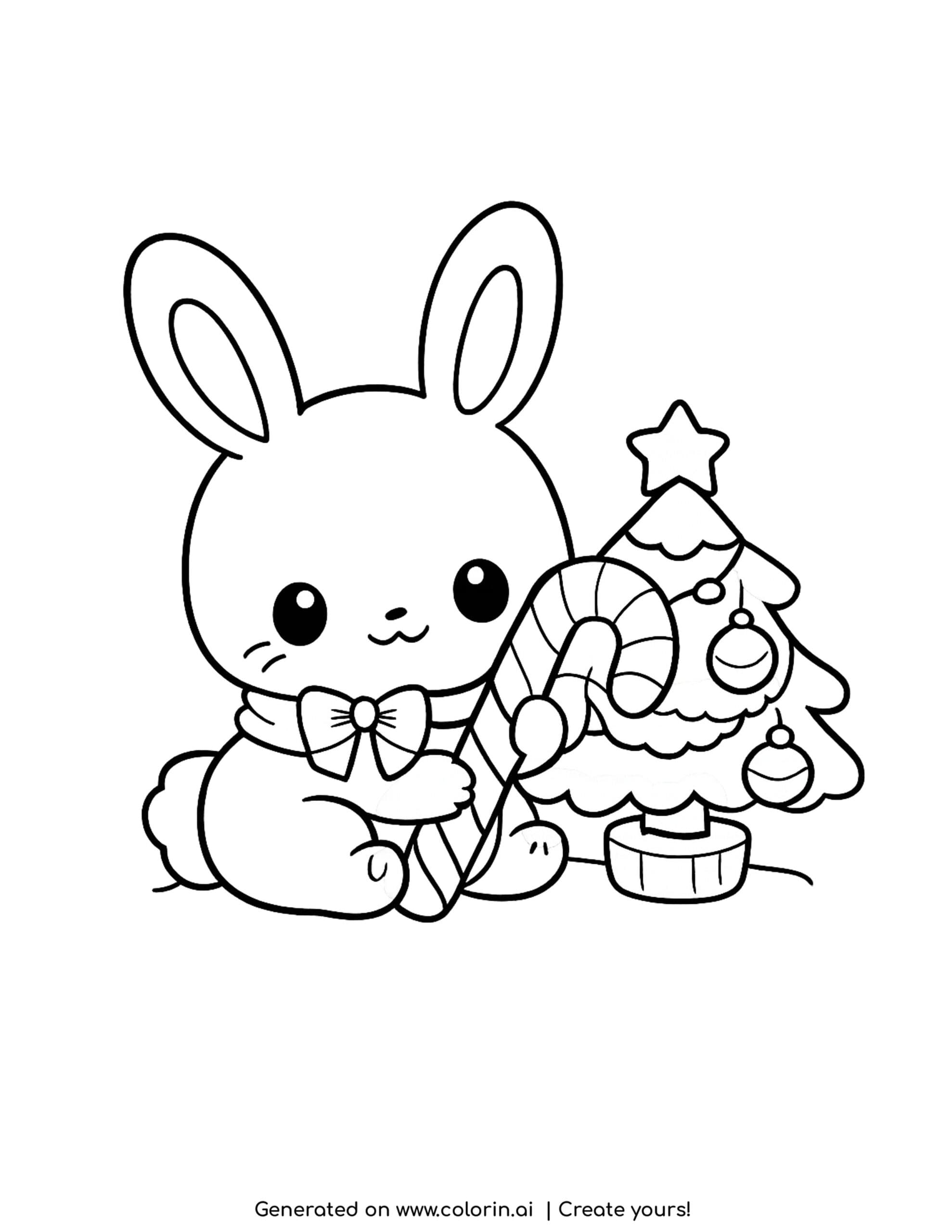 cute christmas coloring pages, a bunny with a bow holding a candy cane beside a small decorated tree
