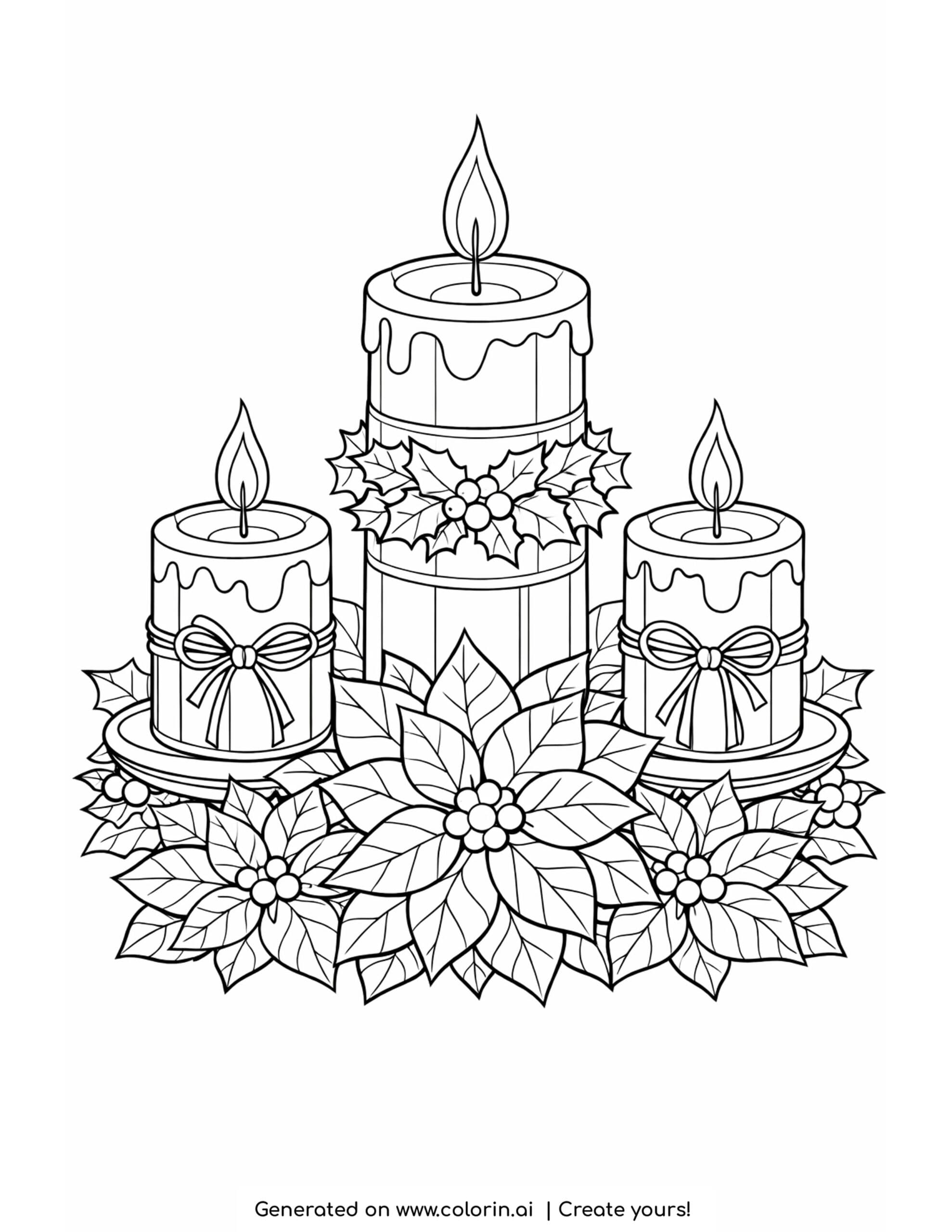 christmas adult coloring pages, an intricate centerpiece of three candles with poinsettias, holly, and bows