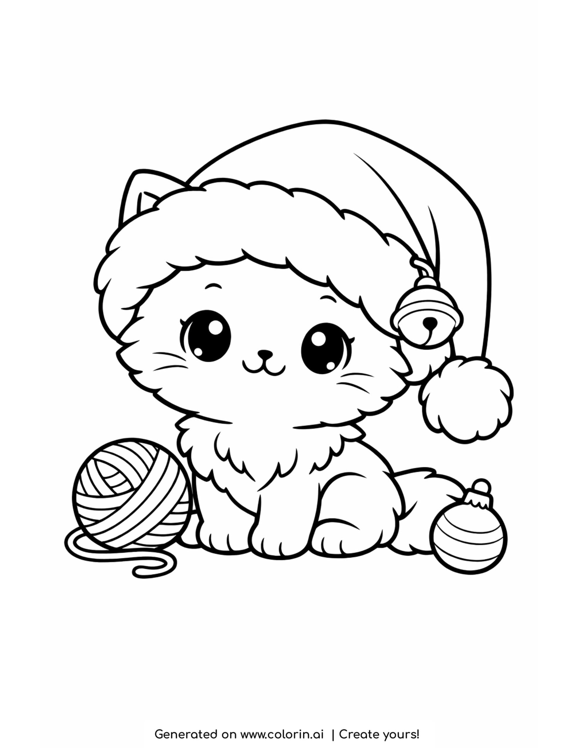 cute christmas coloring pages, a fluffy kitten in a Santa hat beside yarn and an ornament