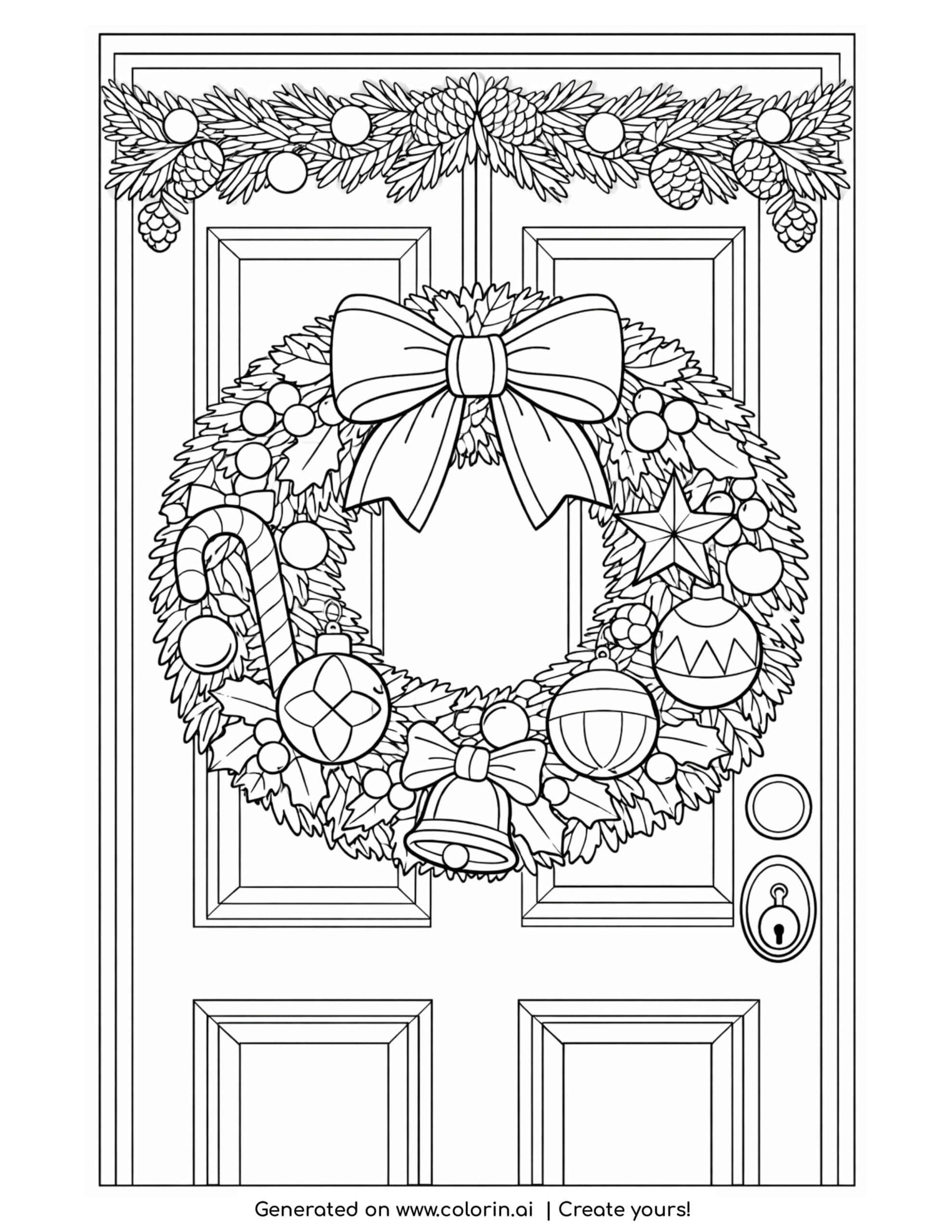 christmas coloring pages for adults, a detailed wreath and garland on a paneled door with ornaments and a candy cane