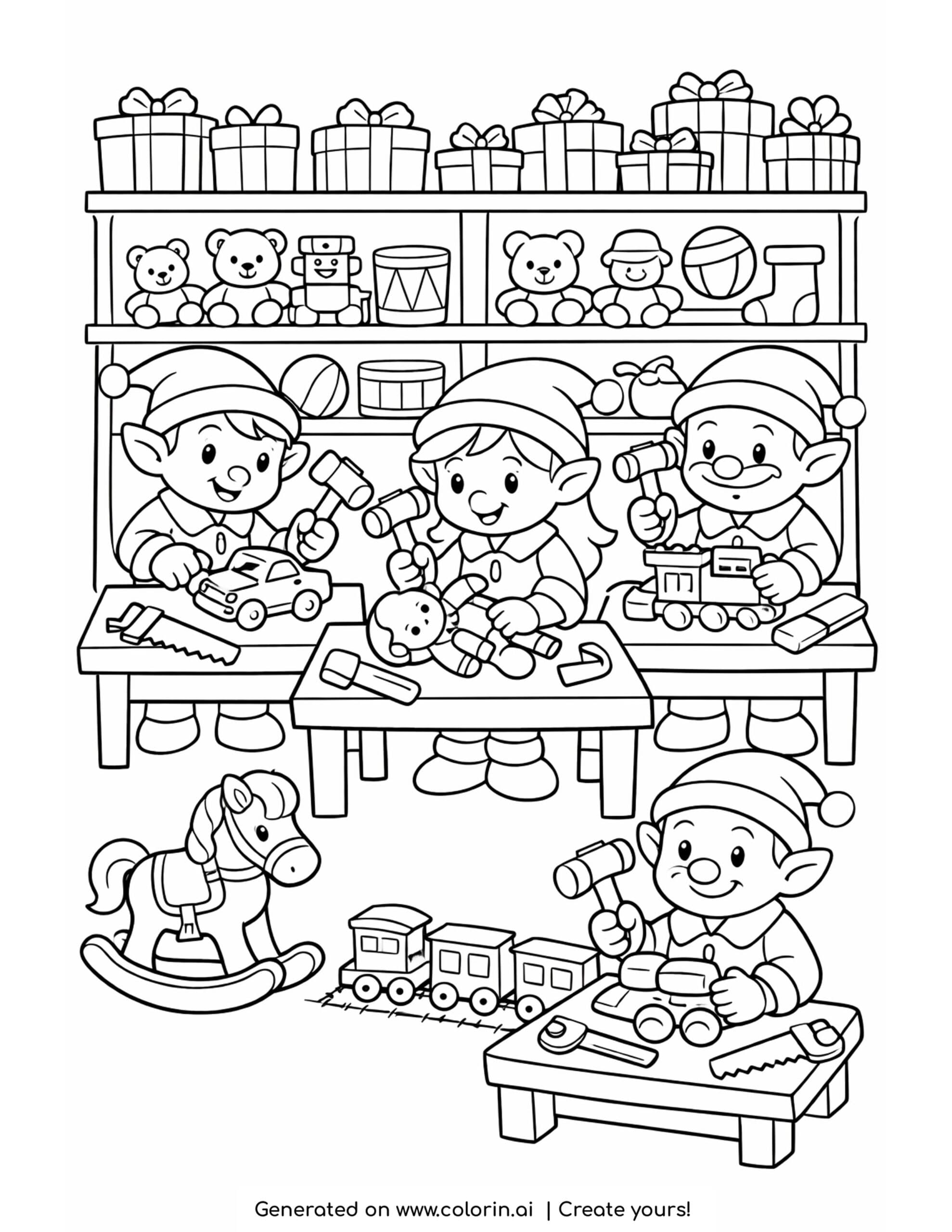 free christmas coloring pages, elves building toys at workbenches in a busy Christmas workshop with shelves of gifts