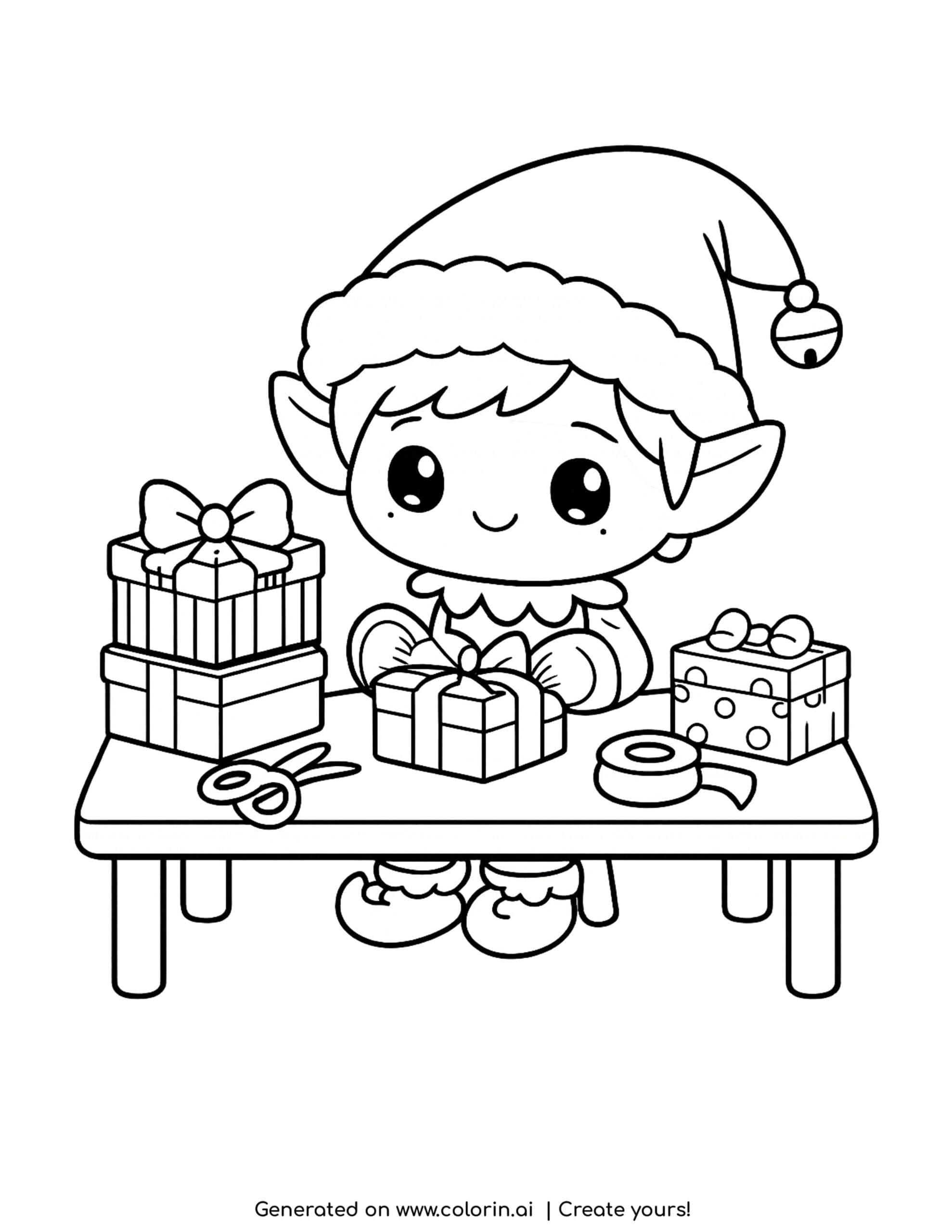 christmas coloring pages for kids, a smiling elf wrapping presents at a table with scissors and ribbon