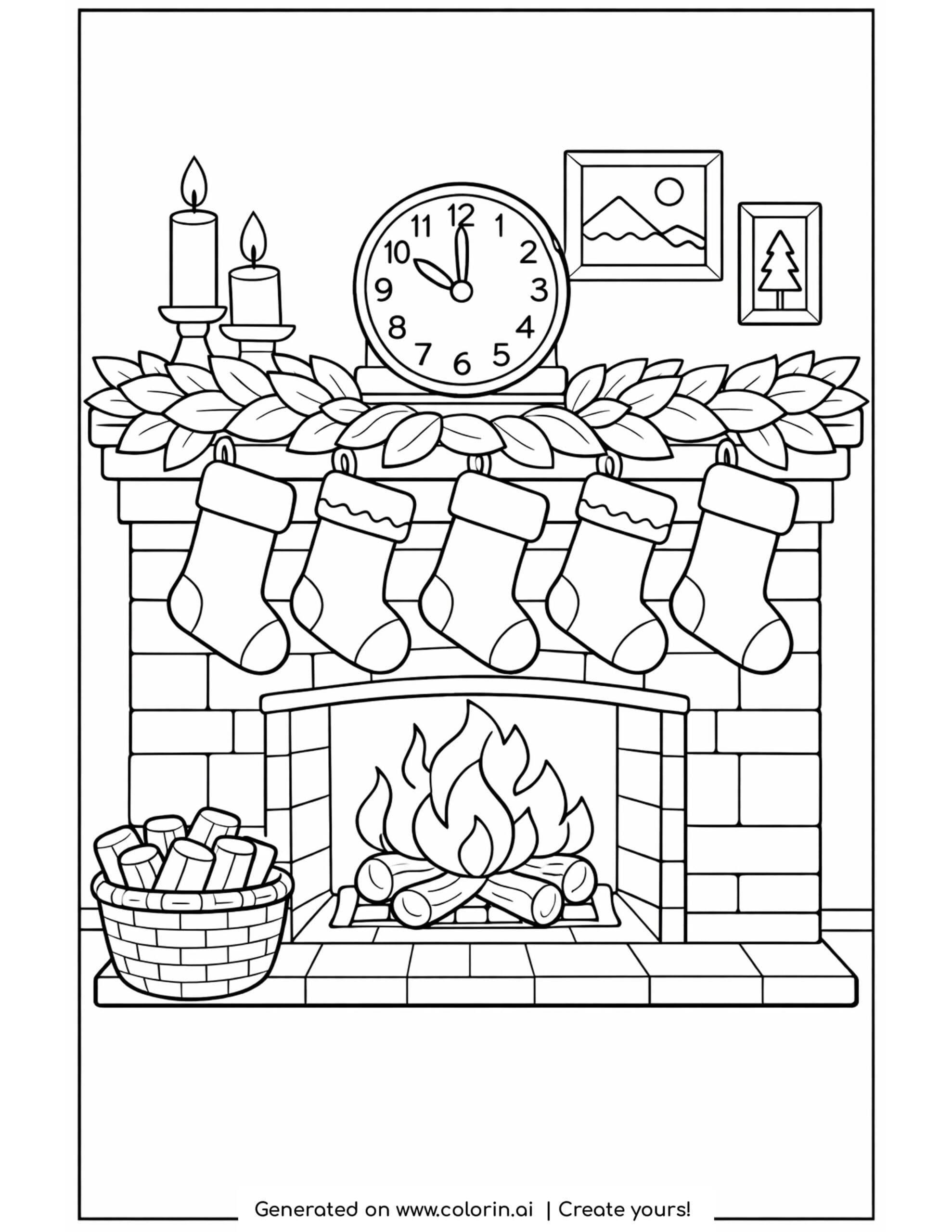 printable christmas coloring pages, a brick fireplace with five hanging stockings, a clock, candles, and a fire