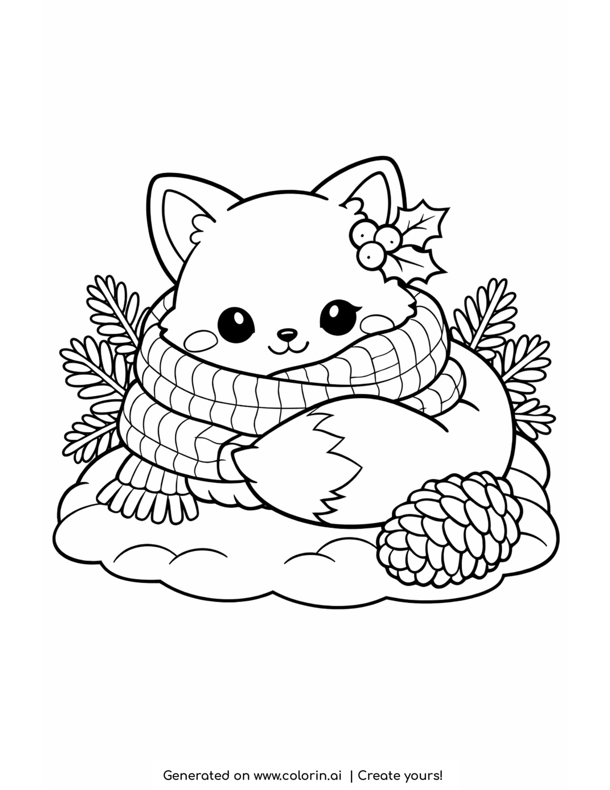 cute cute christmas coloring pages, a fox curled in a scarf with holly and a pinecone
