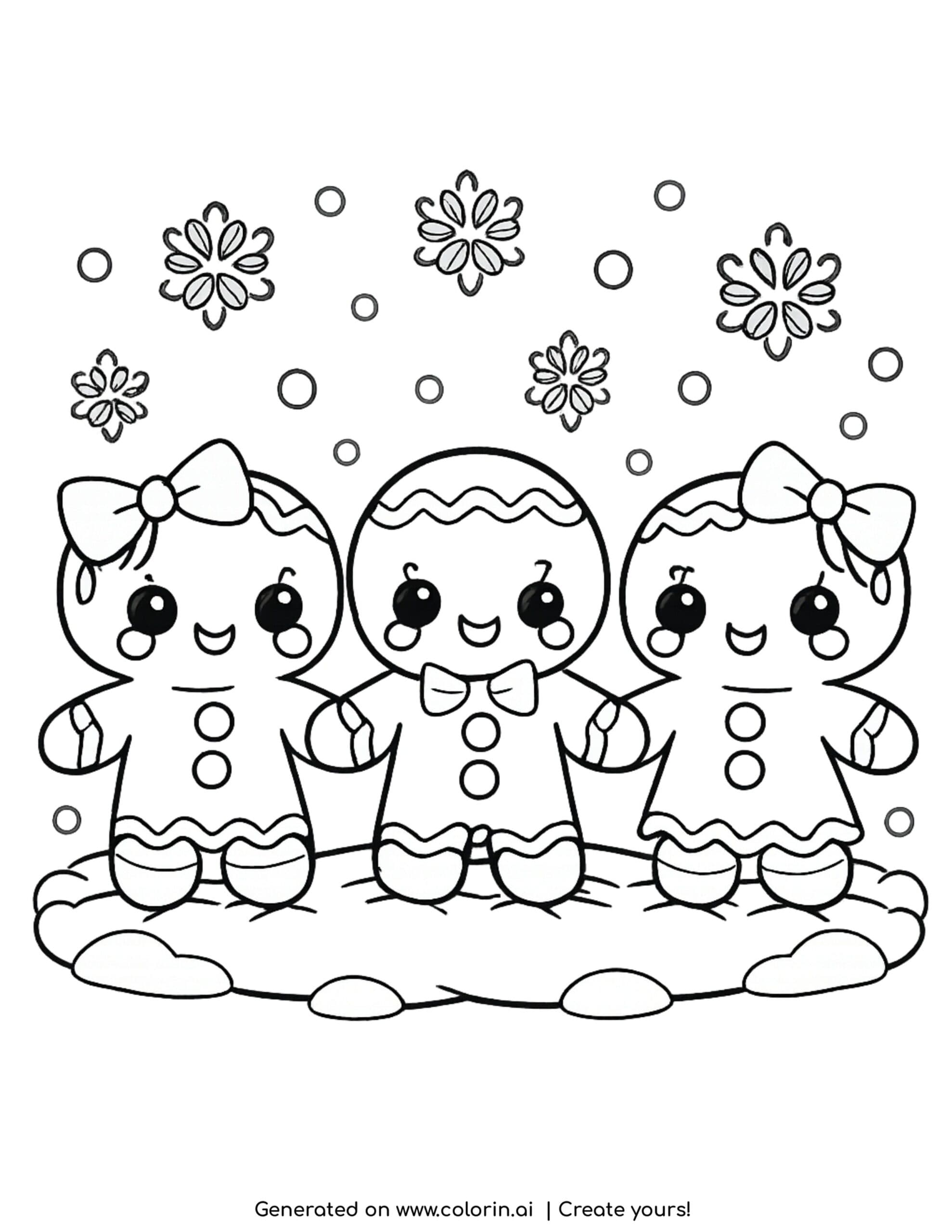 cute christmas coloring pages, three gingerbread cookies holding hands in the snow
