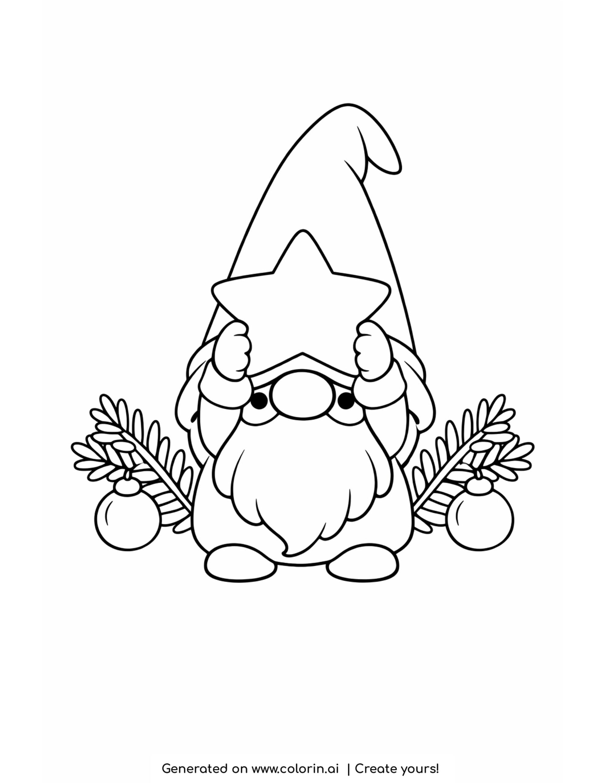 kawaii christmas coloring pages, a little gnome holding a star among pine sprigs