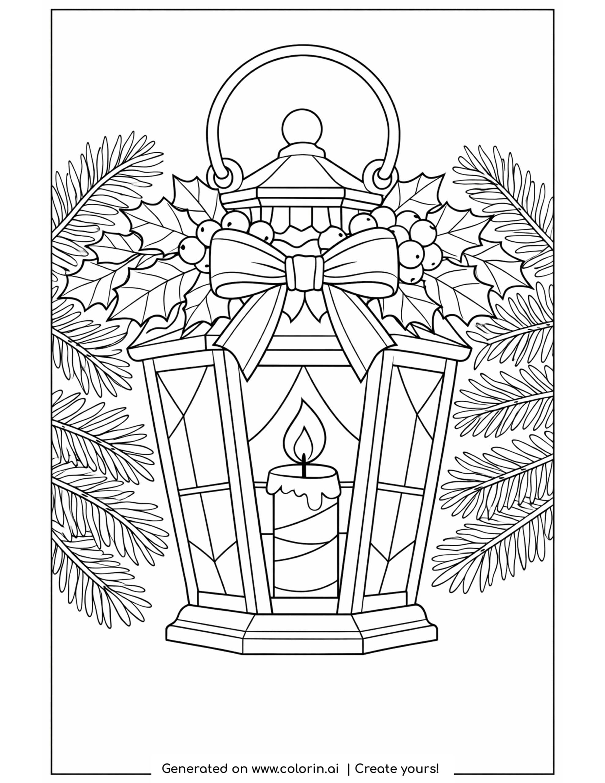 christmas coloring pages for adults, an intricate Christmas lantern with a candle inside, a holly bow, and fir branches