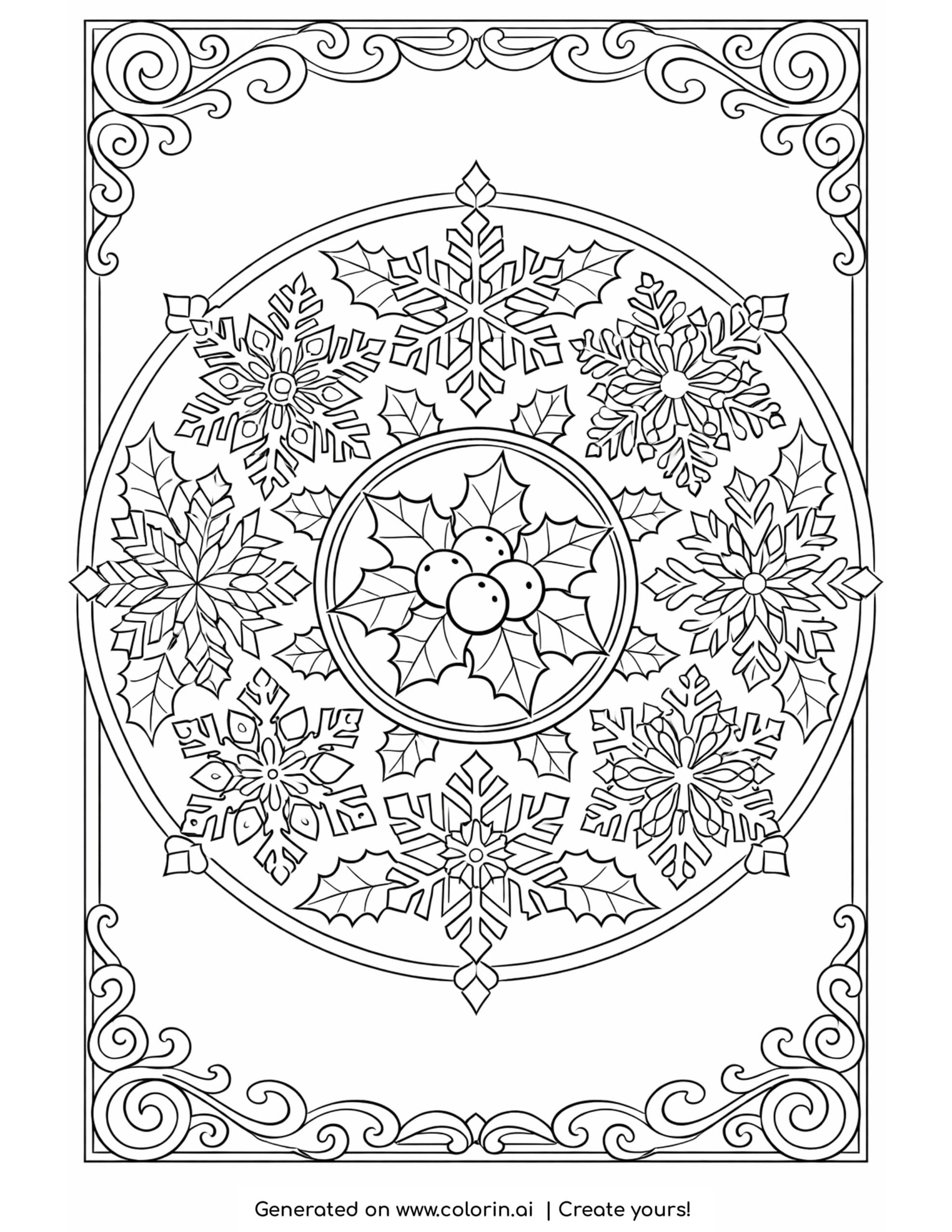 adult christmas coloring pages, a symmetrical mandala of snowflakes and holly with an ornate scrollwork border