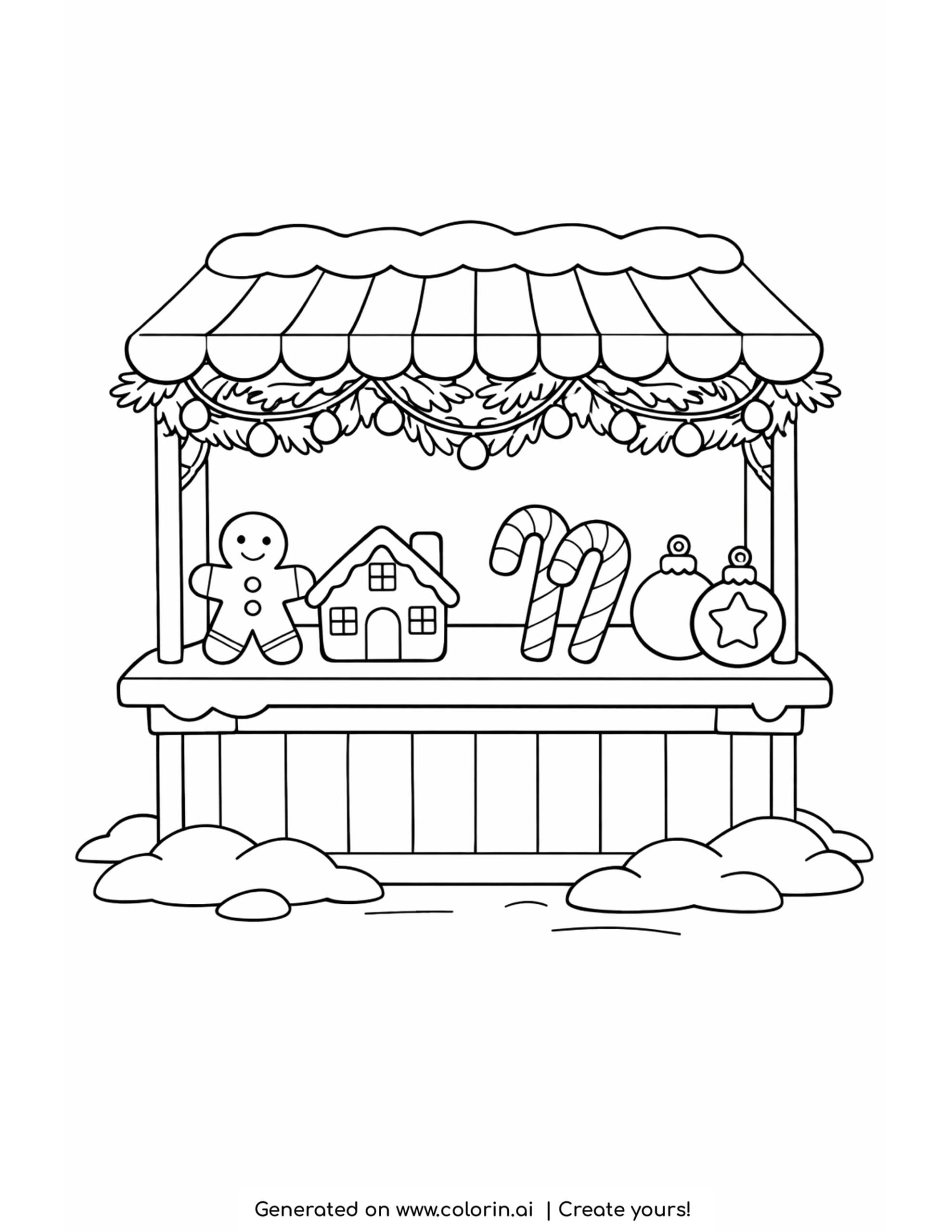 christmas coloring pages printable, a Christmas market stall with gingerbread treats, candy canes, and ornaments under a snowy awning