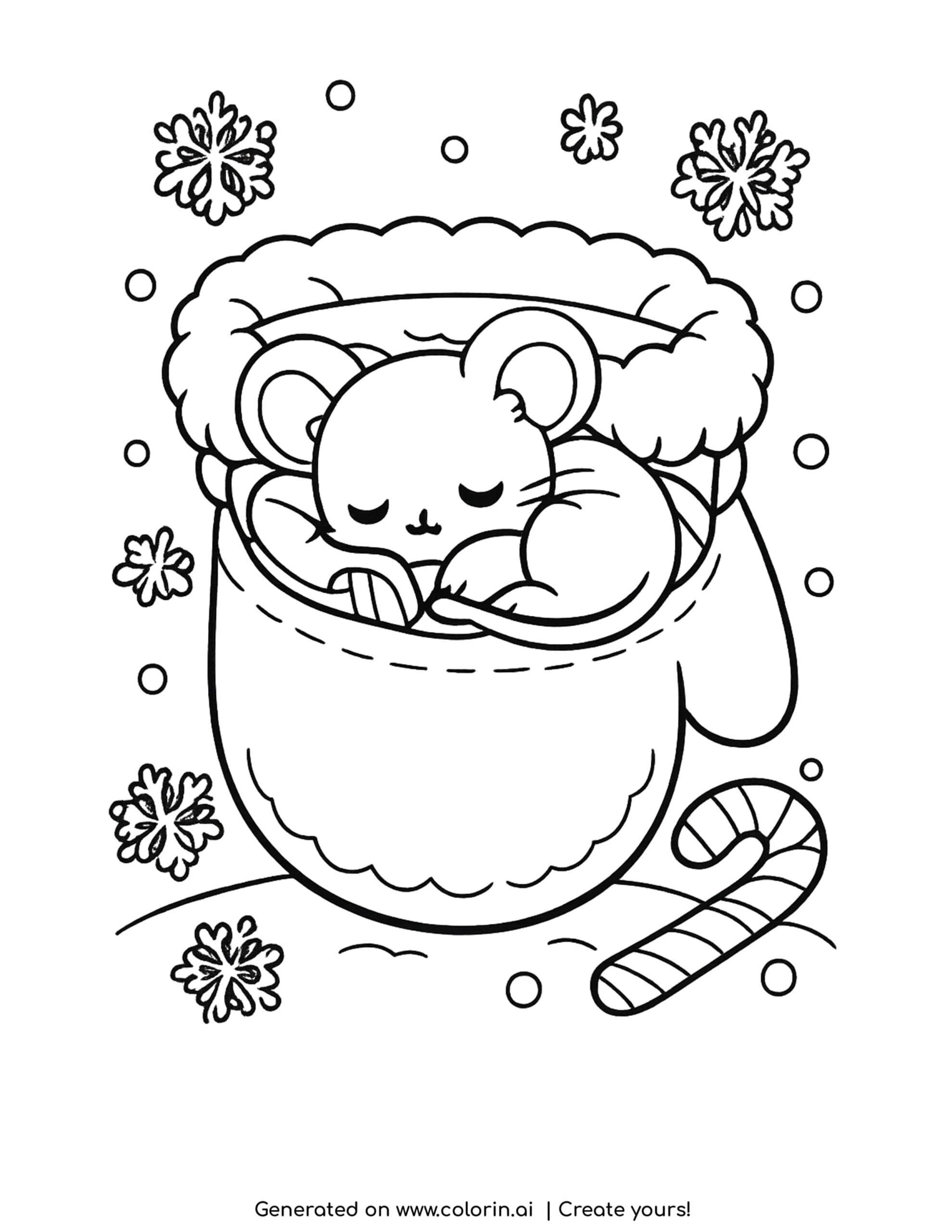 cute christmas coloring pages, a mouse asleep in a fuzzy mitten with snowflakes and a candy cane