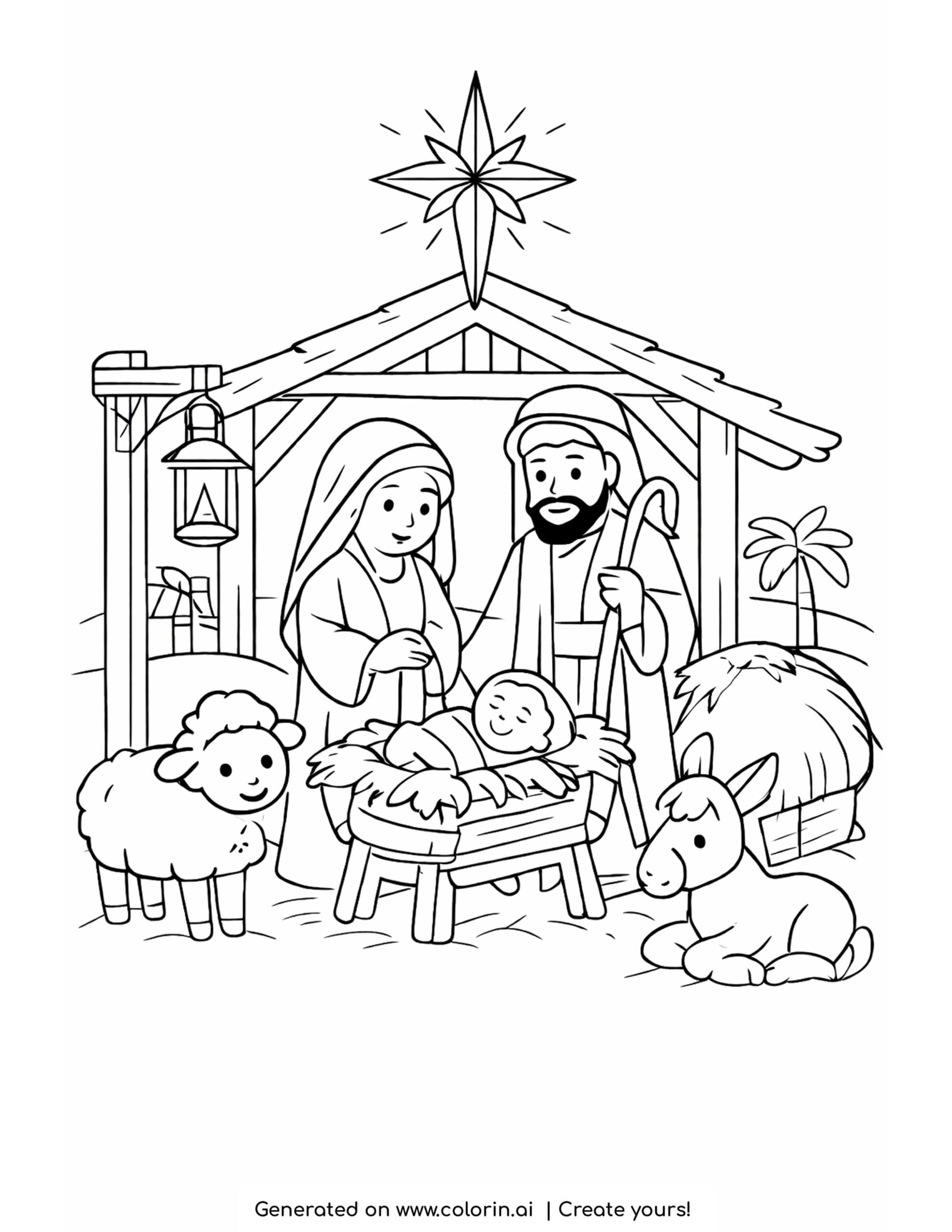 christian christmas coloring pages, a nativity scene in the stable with a bright star