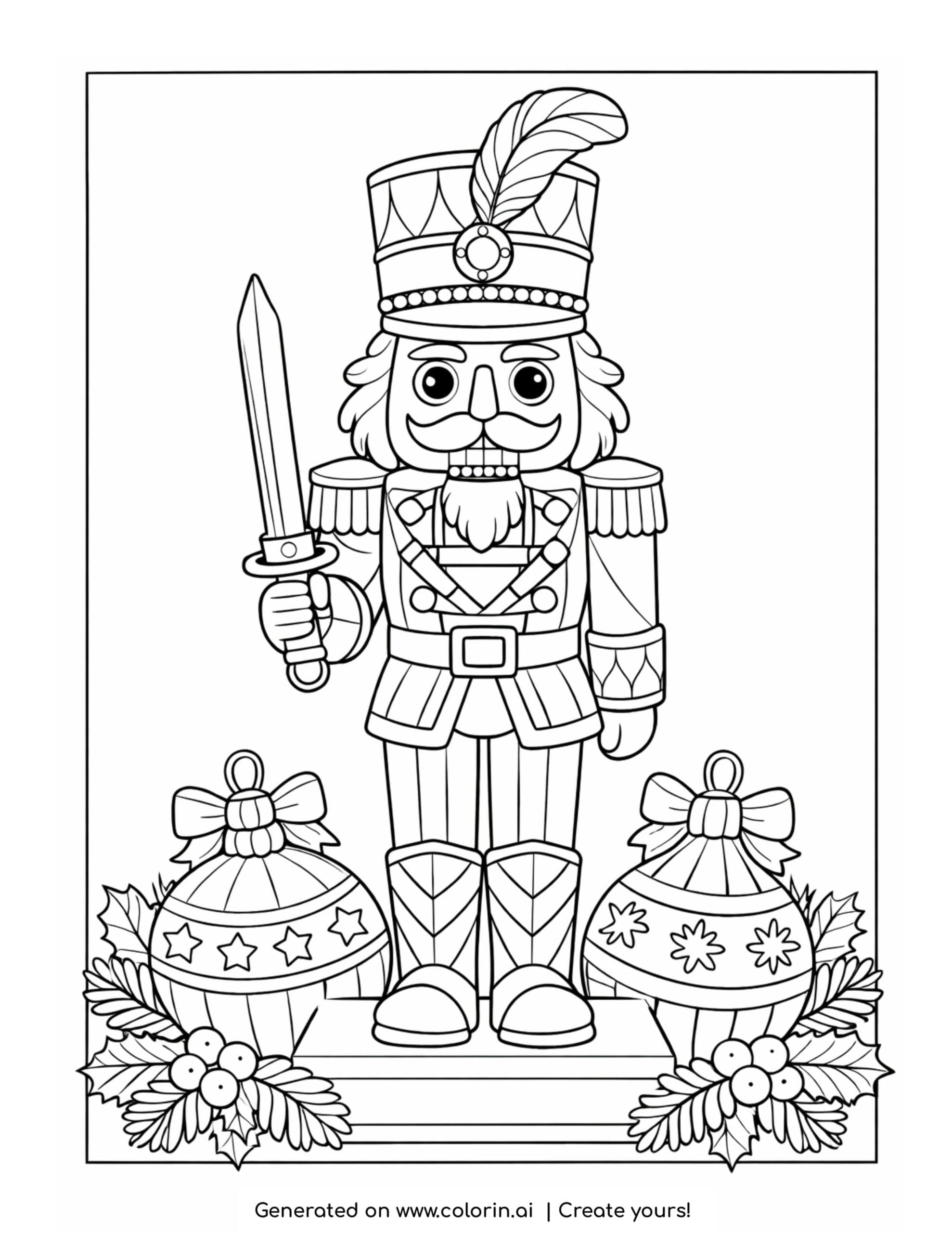 christmas coloring pages for adults, a detailed nutcracker soldier holding a sword with two ornaments and holly at the base