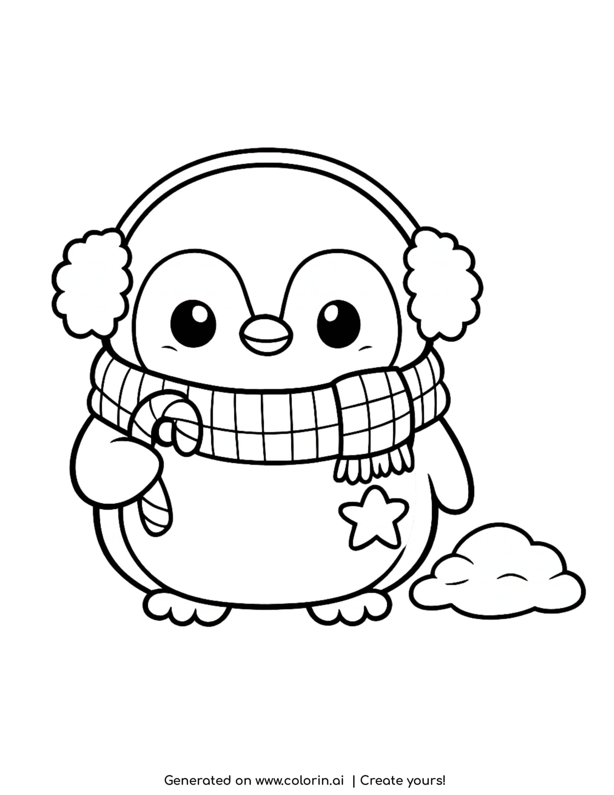 cute christmas coloring pages, a penguin in earmuffs and a scarf holding a candy cane
