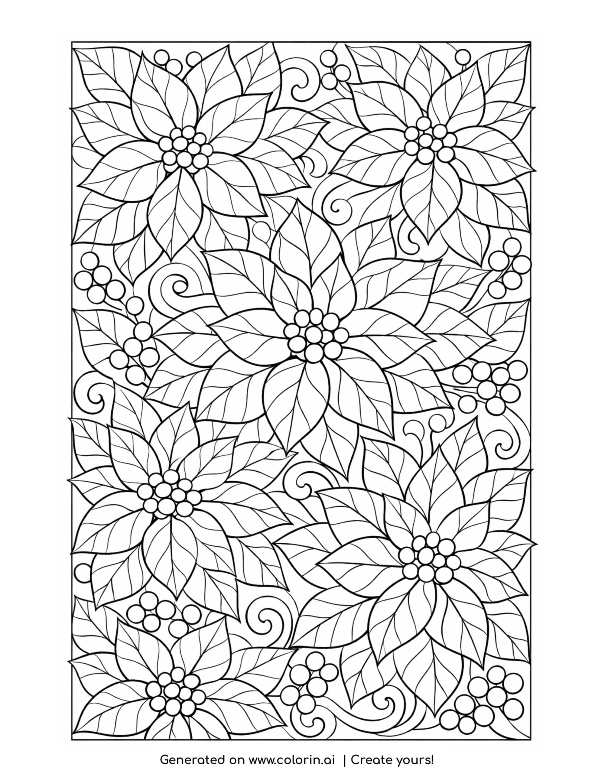 free christmas coloring pages for adults, a dense poinsettia floral pattern with pointed petals, leaves, and berries