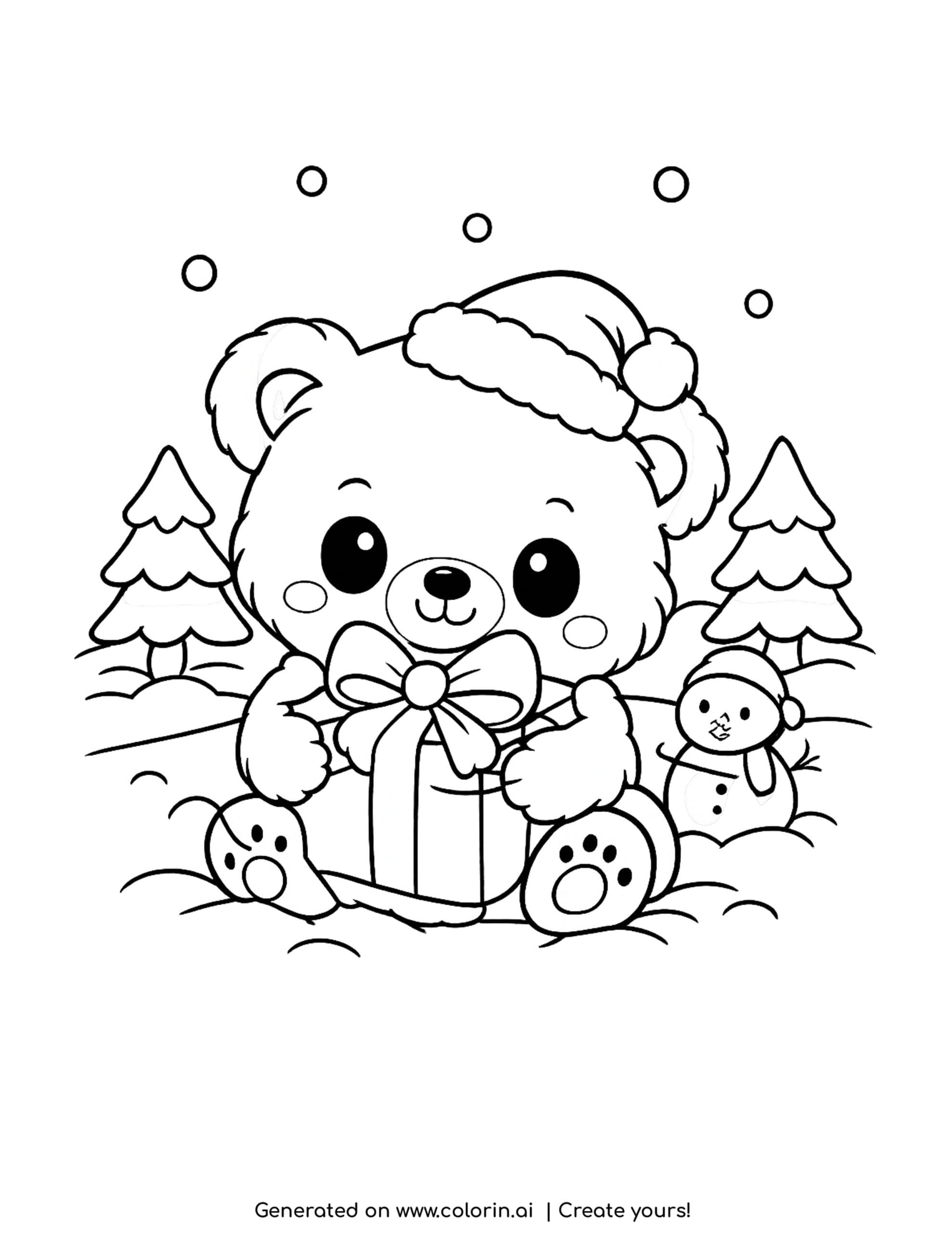cute christmas coloring pages, a polar bear in a Santa hat hugging a wrapped gift in the snow