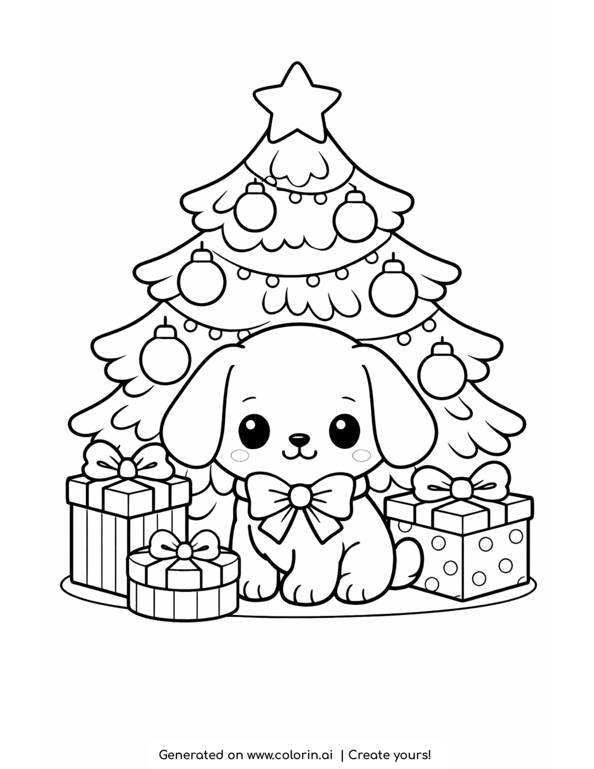 easy cute christmas coloring pages, a puppy under a decorated Christmas tree with presents