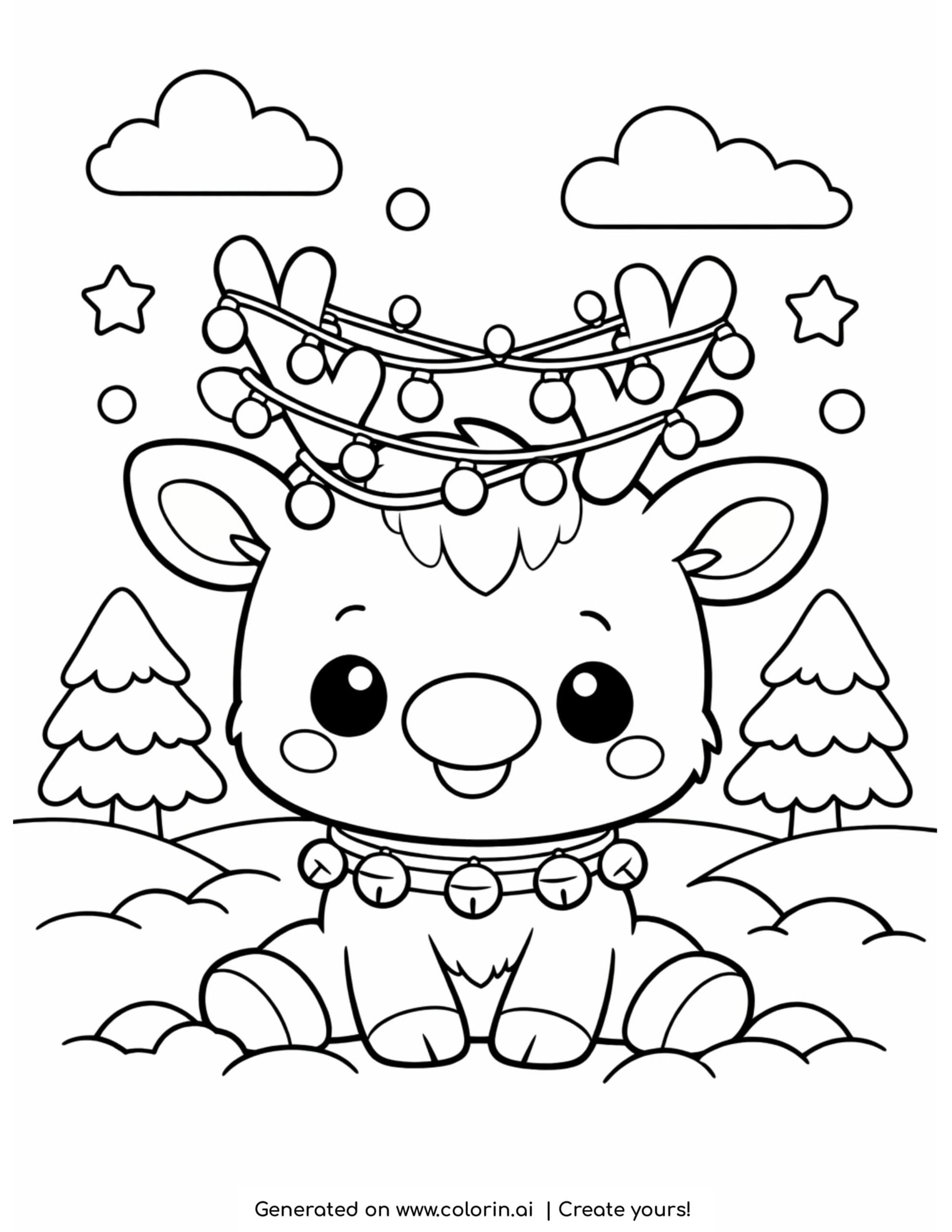 cute christmas coloring pages, a baby reindeer with a glowing nose and light wrapped antlers