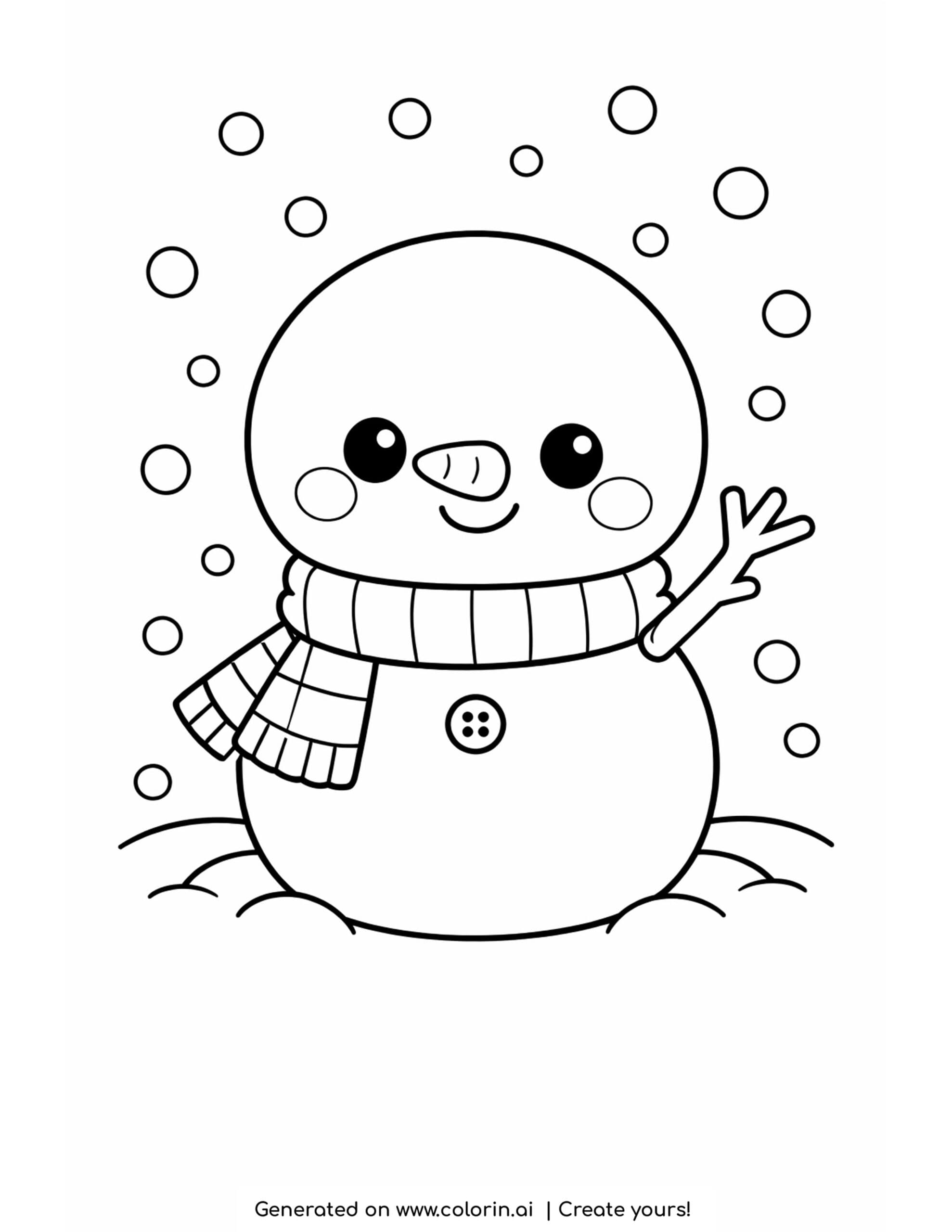 kawaii cute christmas coloring pages, a round snowman with rosy cheeks and a striped scarf