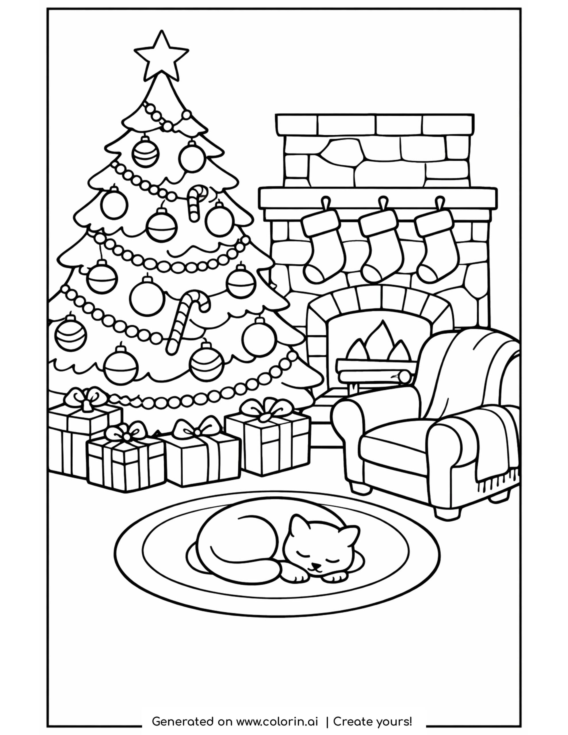 christmas coloring pages printable, a decorated Christmas tree by a stone fireplace with stockings and a cat sleeping on a rug