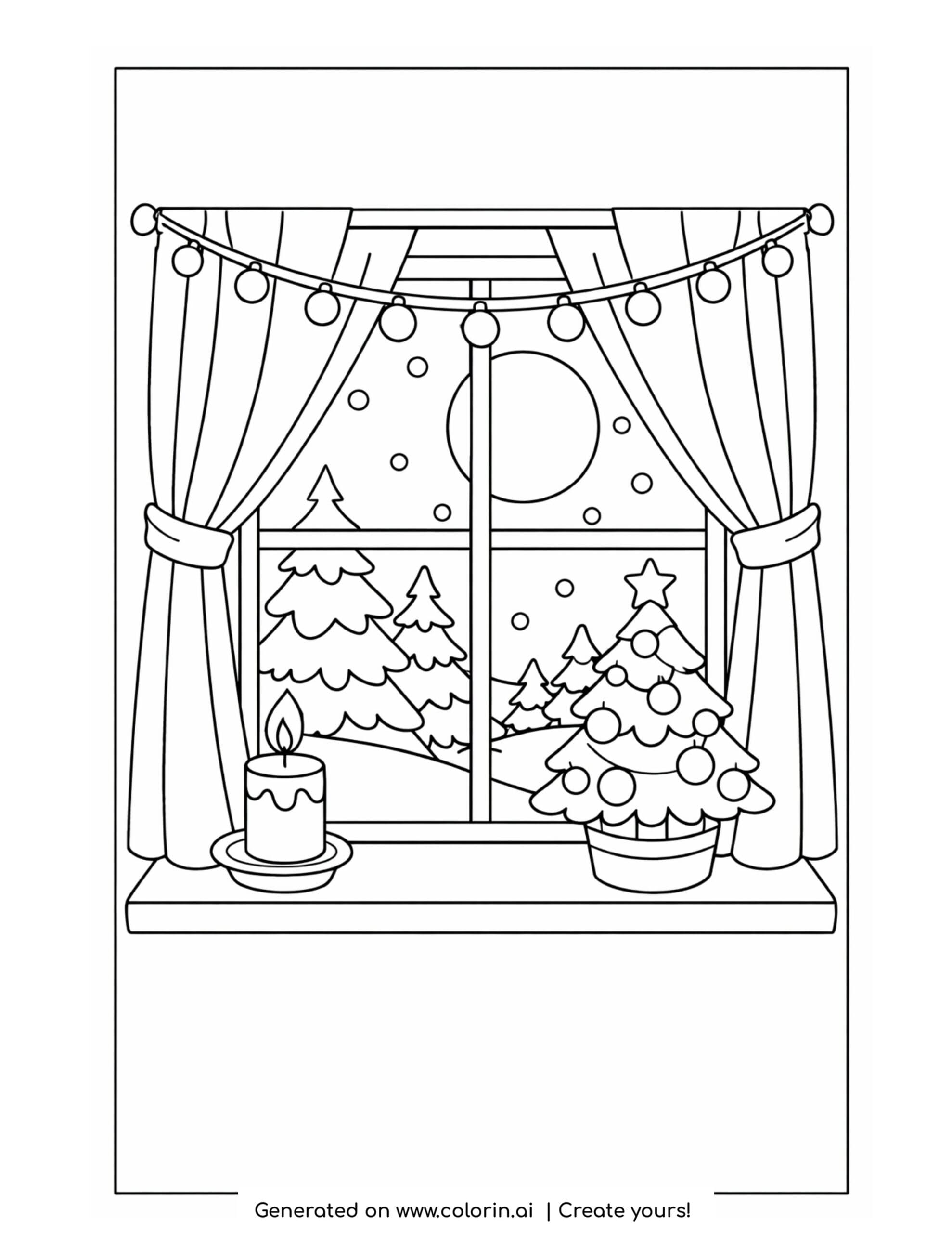 christmas coloring pages printable, a window with curtains, a candle, a small tree, and a snowy view with a moon