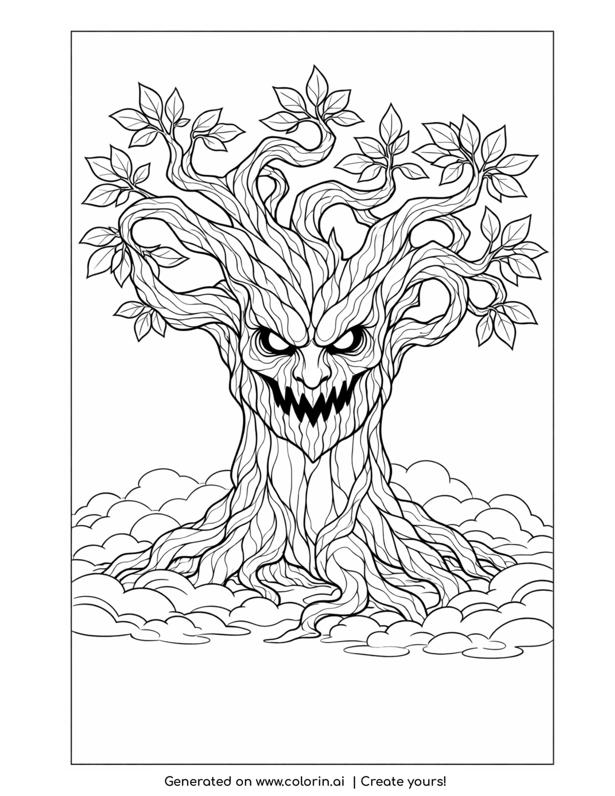 creepy coloring pages, a twisted tree with a menacing face and glowing eyes among swirling branches