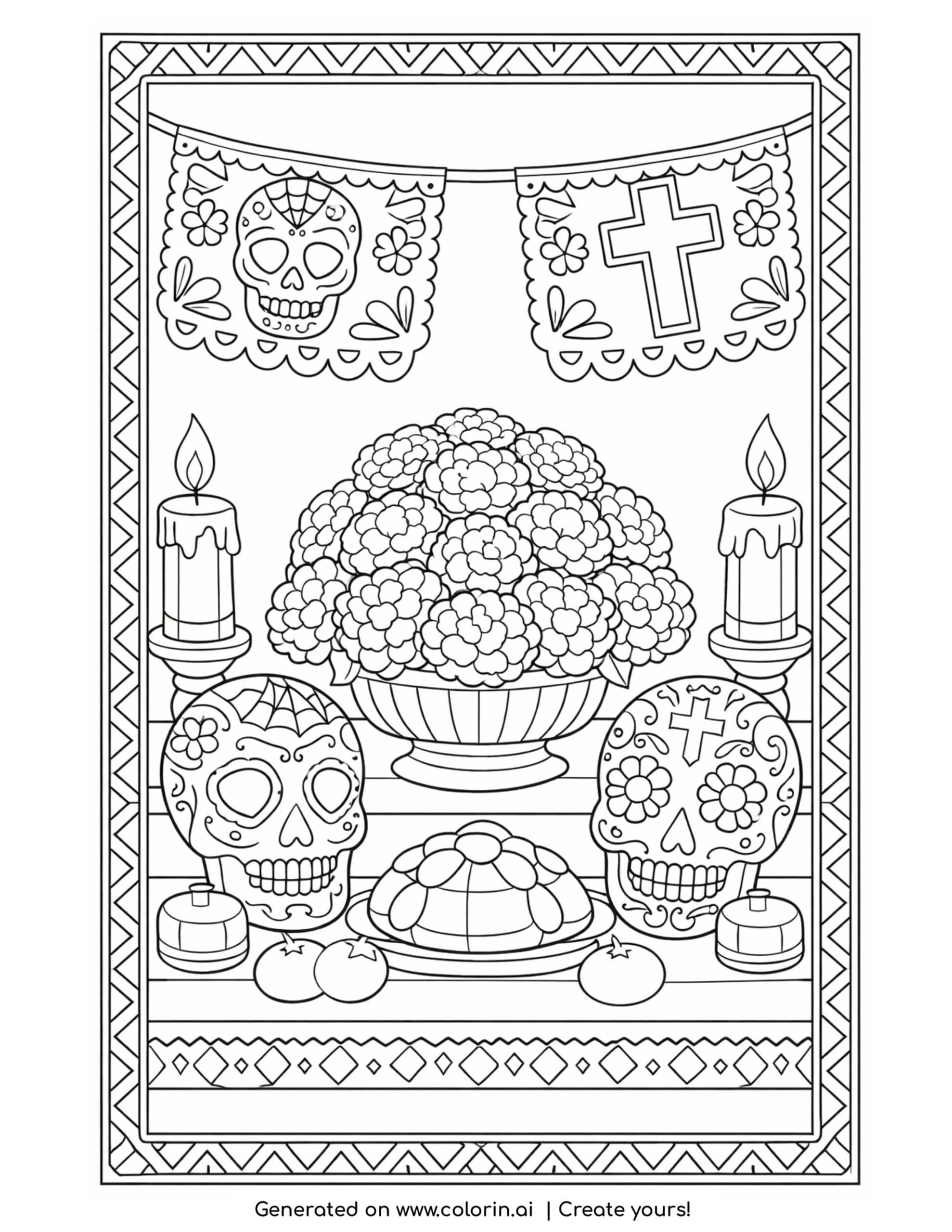 day of the dead coloring pages, a decorated ofrenda altar with candles, marigolds, sugar skulls, and papel picado