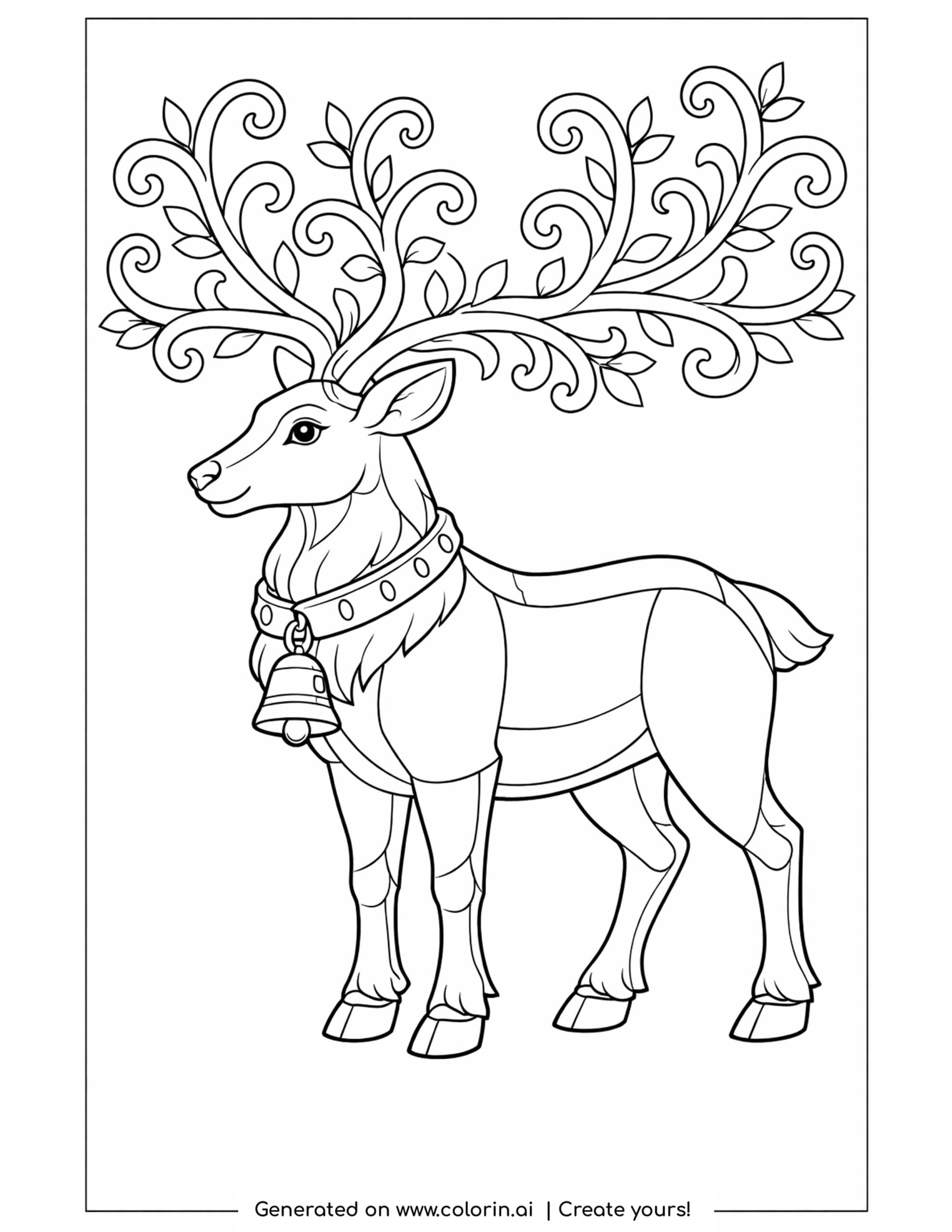 christmas coloring pages for adults, a detailed reindeer in profile with ornate swirling leafy antlers and a bell collar