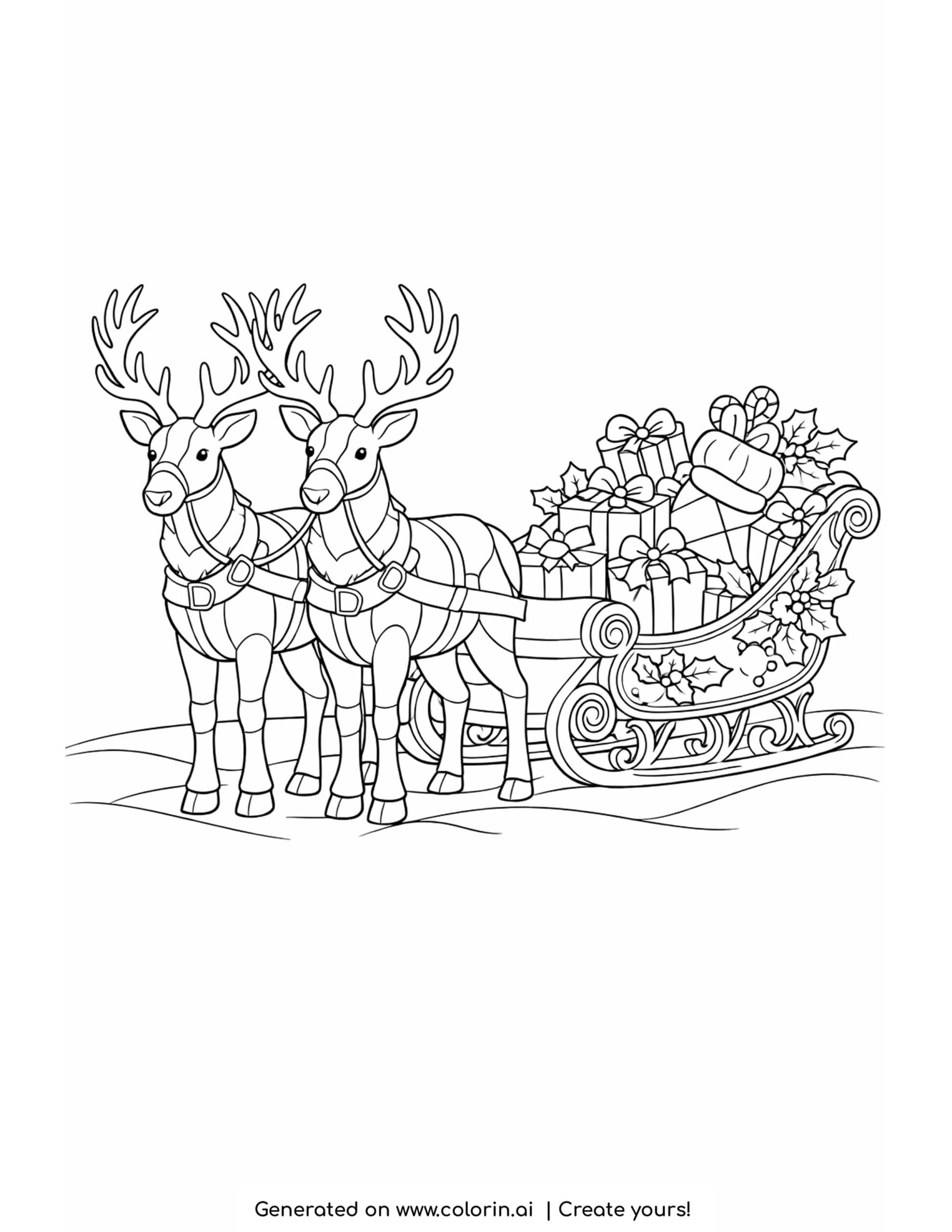 christmas coloring pages for adults, a detailed sleigh full of wrapped gifts pulled by two reindeer with holly