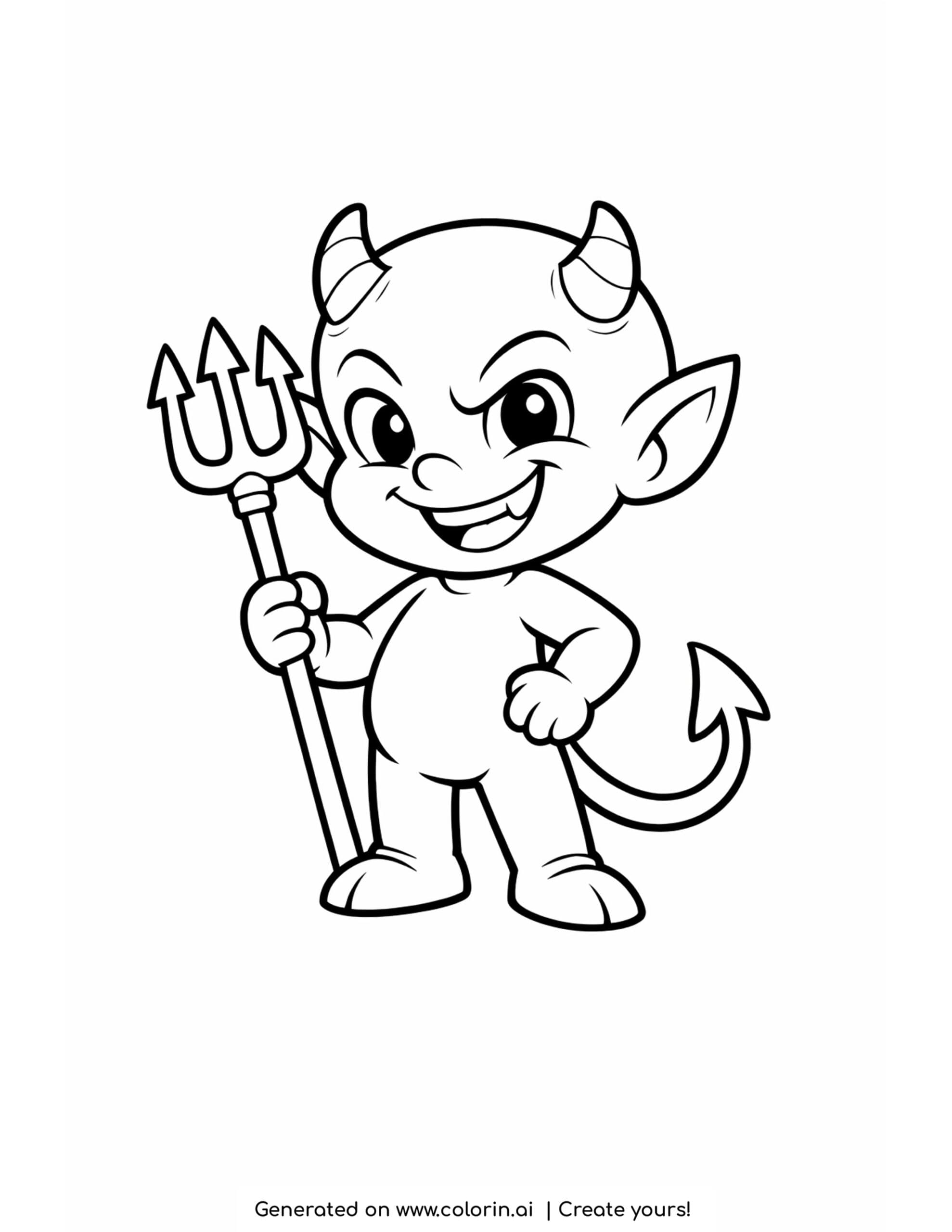 devil coloring pages, a little cartoon devil with horns, a tail, and a pitchfork grinning playfully