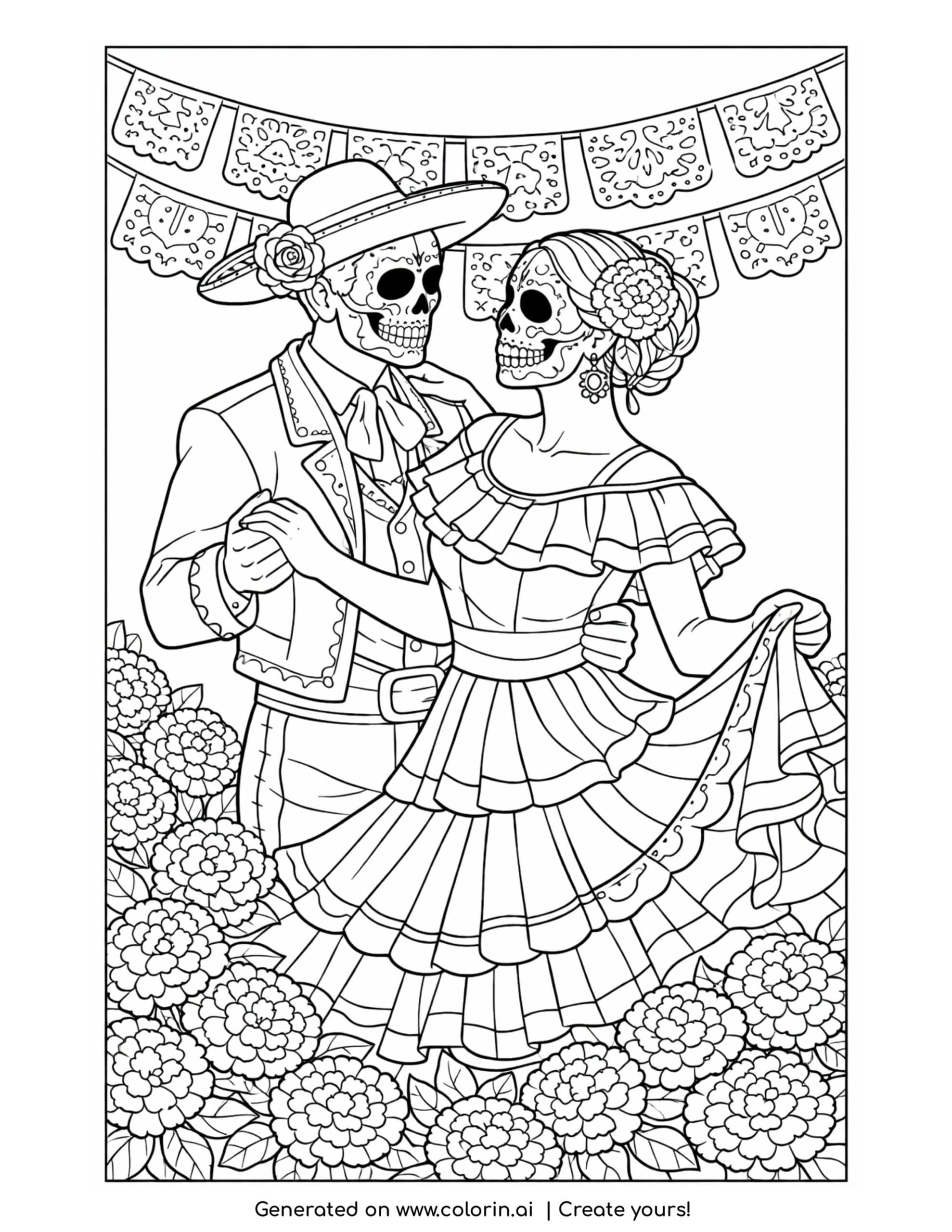 dia de los muertos coloring pages, a couple dancing in skull face makeup and traditional dress with marigolds