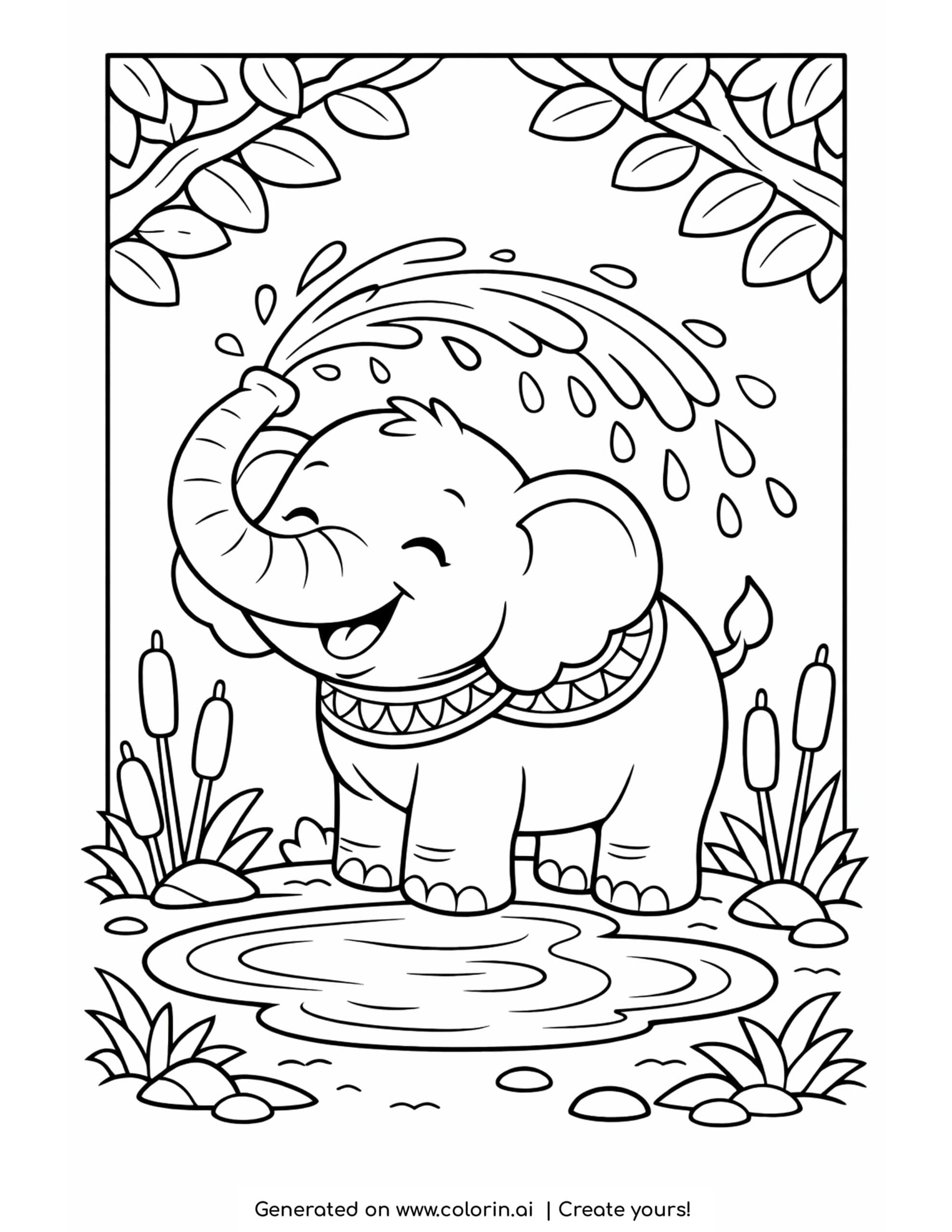 elephant coloring pages, a happy elephant spraying water with its trunk over its back beside a puddle