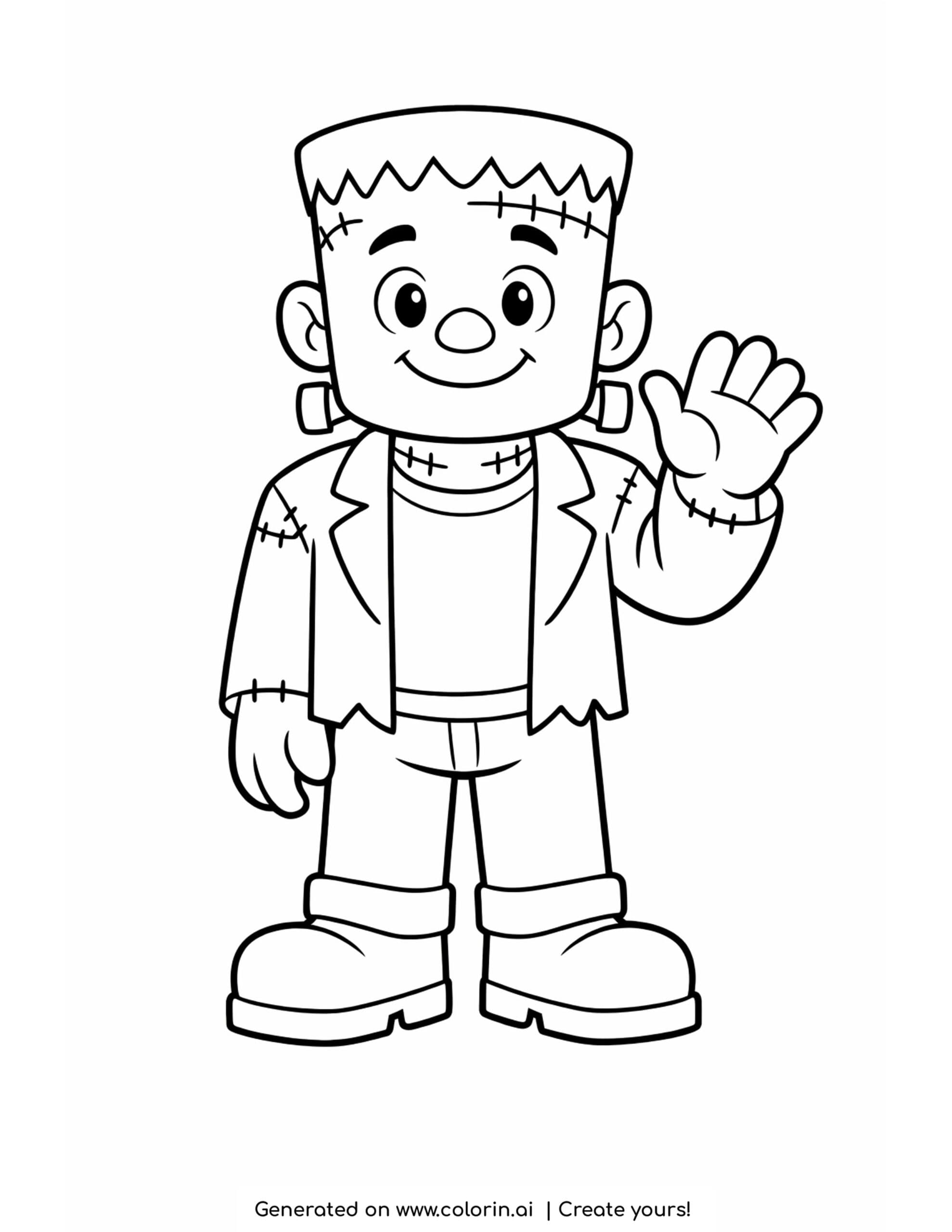 frankenstein coloring pages, a friendly stitched monster waving hello in a jacket and boots
