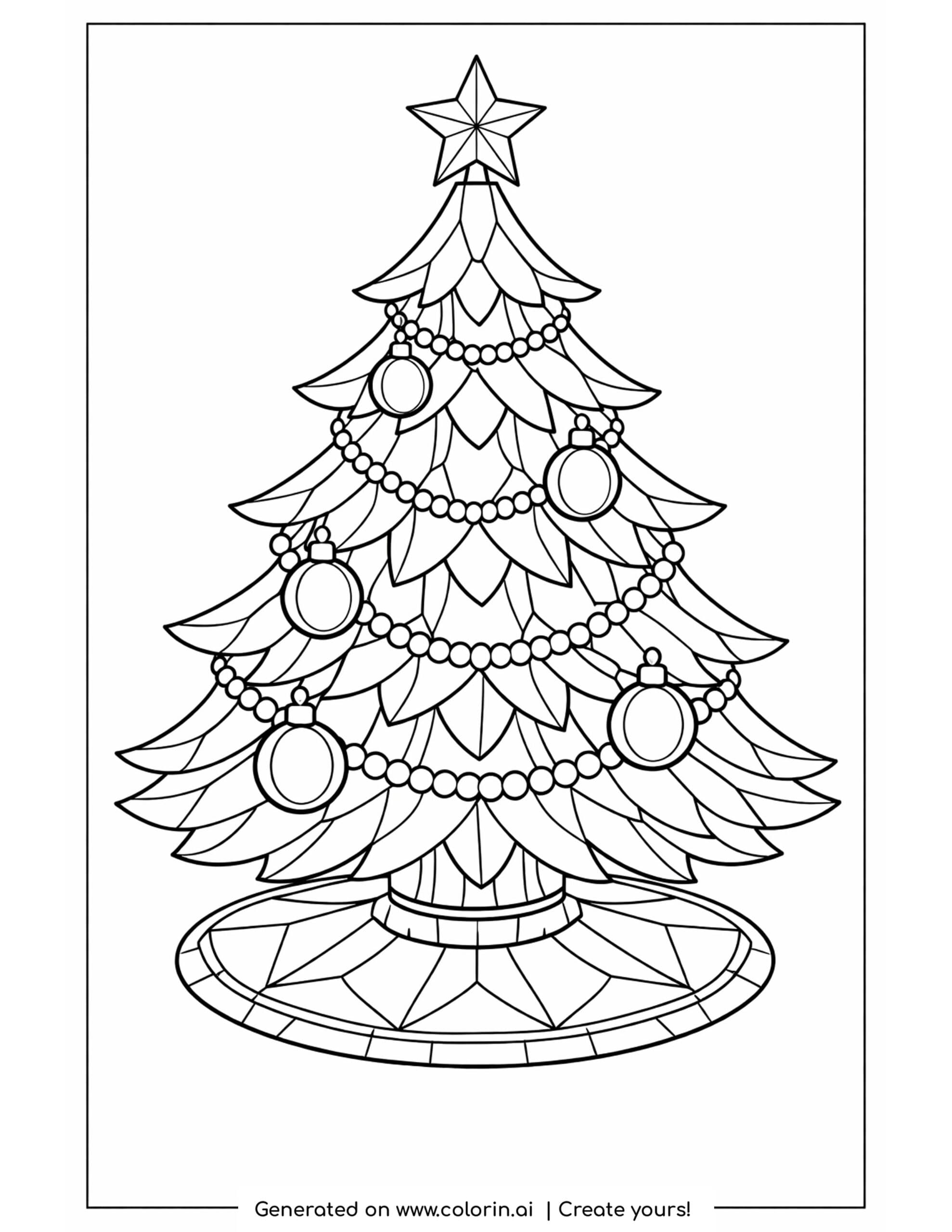 free christmas coloring pages for adults, an ornate Christmas tree with patterned branches, beaded garlands, ornaments, and a star