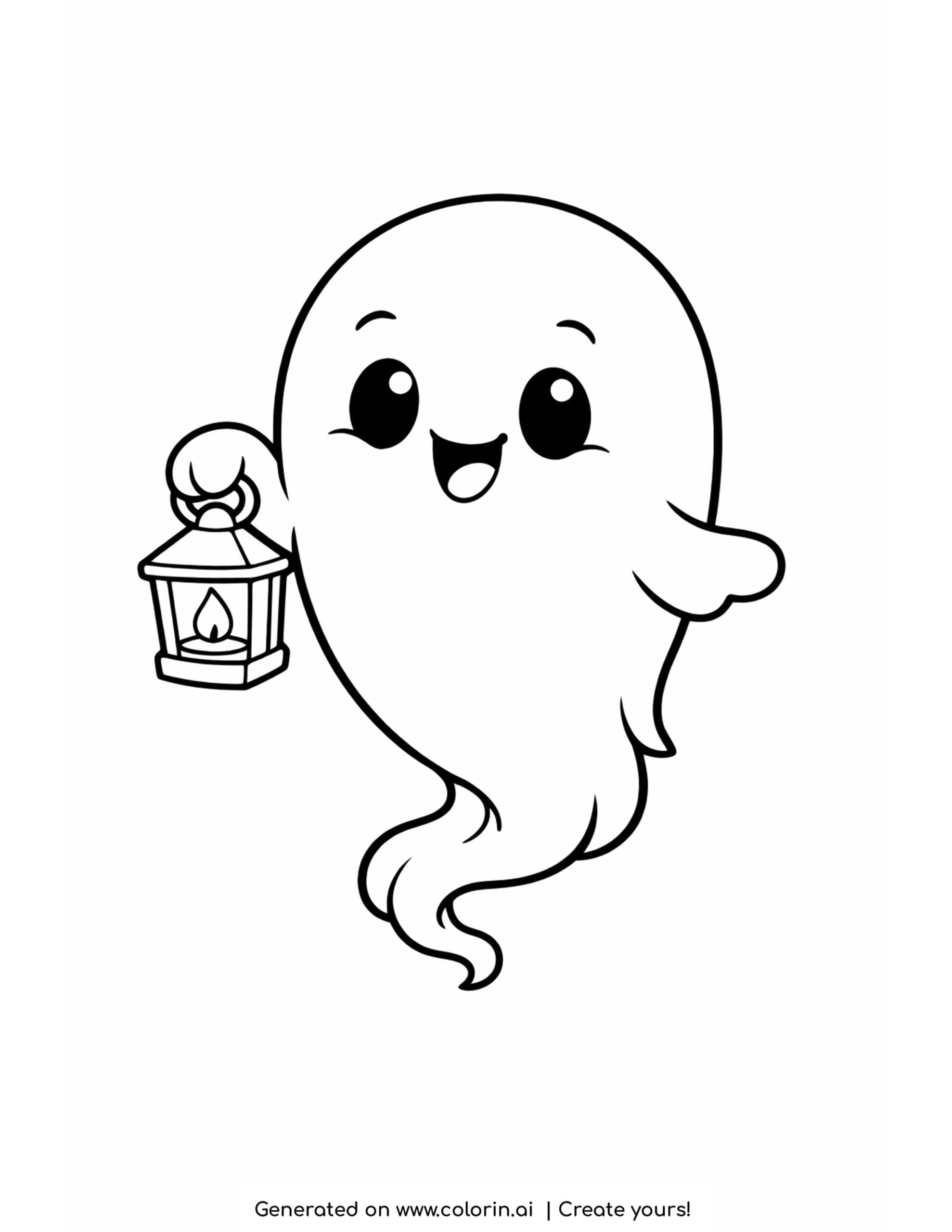 ghost coloring pages, a friendly floating ghost holding a tiny glowing lantern with a wispy tail