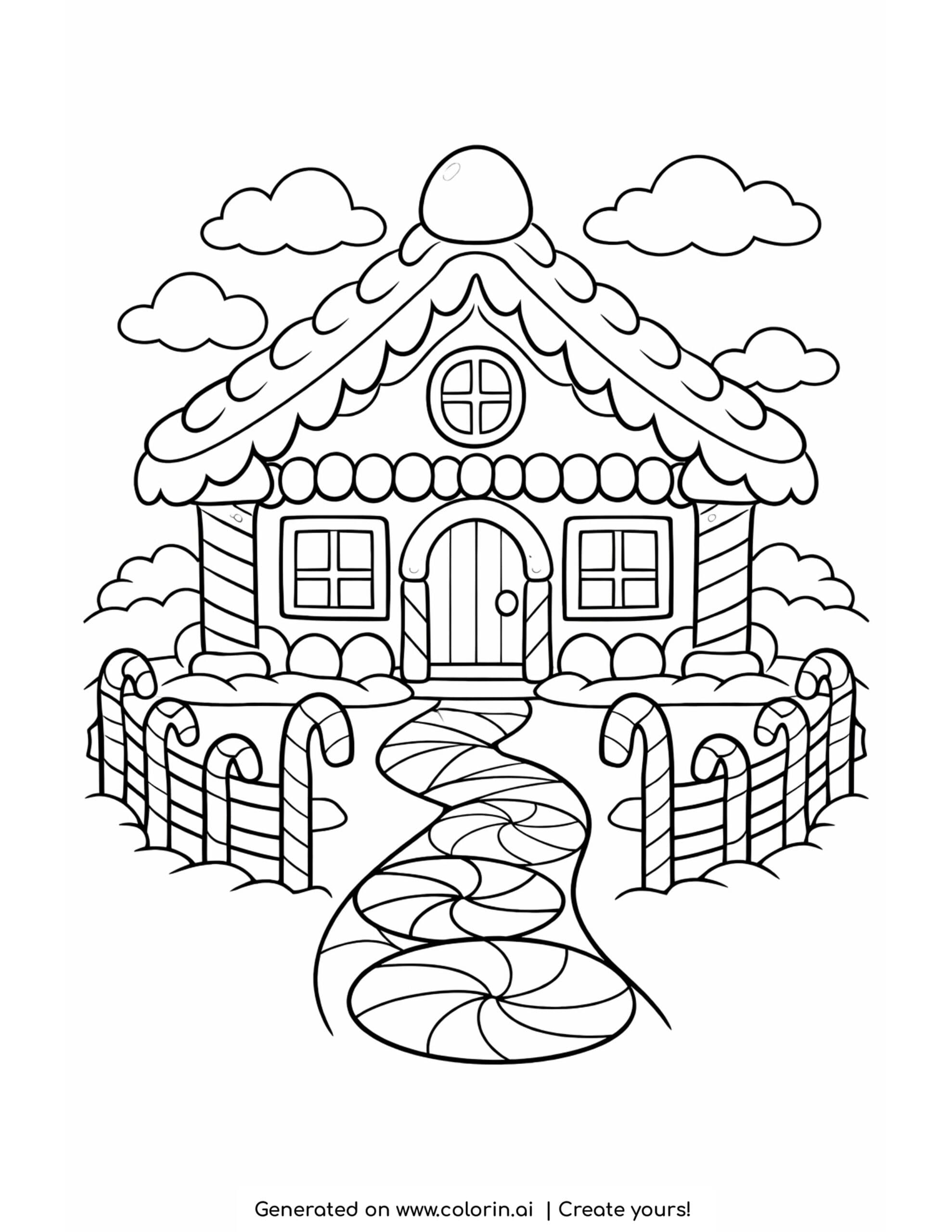 printable christmas coloring pages, a gingerbread house with a snowy roof, candy cane fence, and a candy swirl path