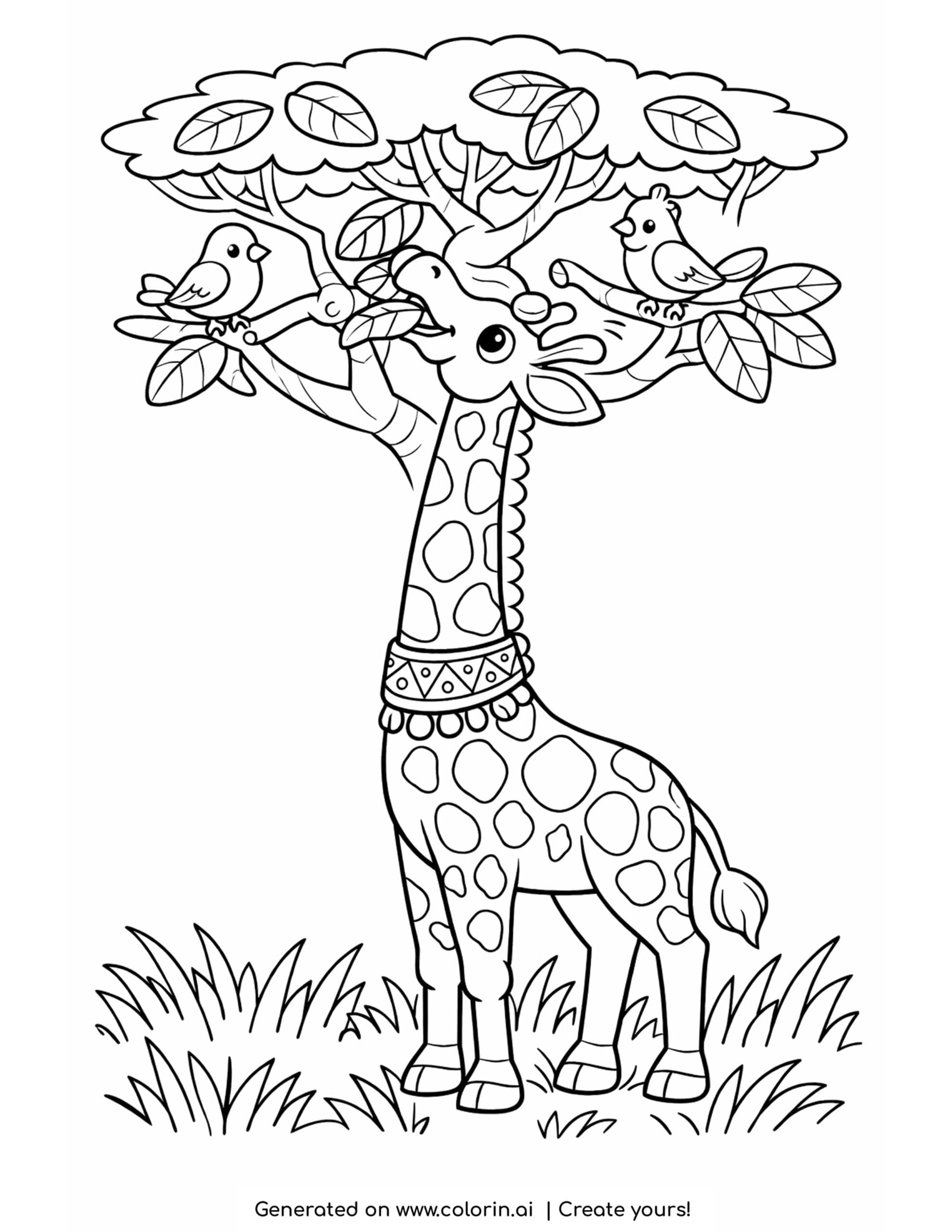 giraffe coloring pages, a tall giraffe nibbling leaves from a tall tree with two birds on the branches