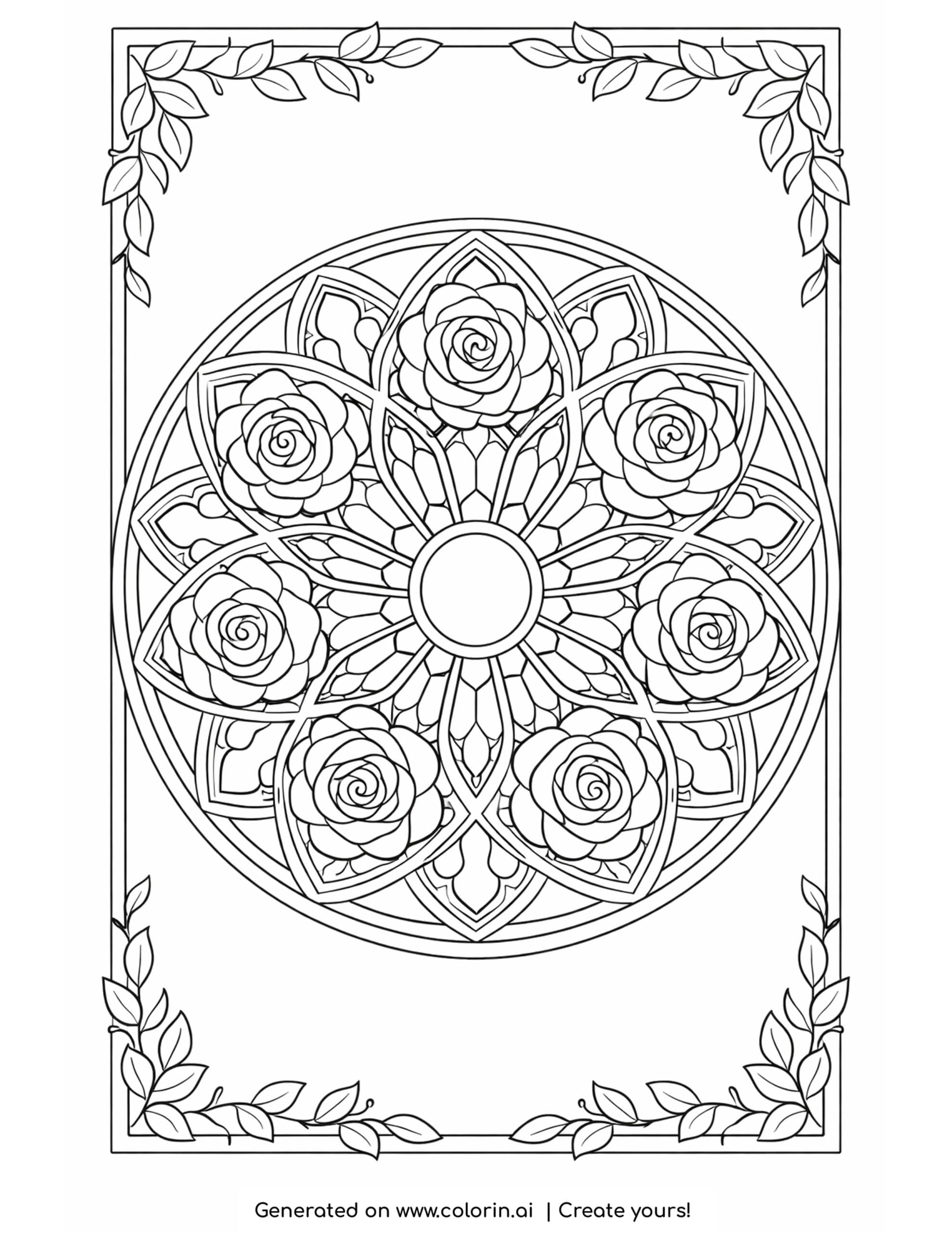 gothic coloring pages, an ornate circular cathedral rose window with symmetrical roses and a leafy border