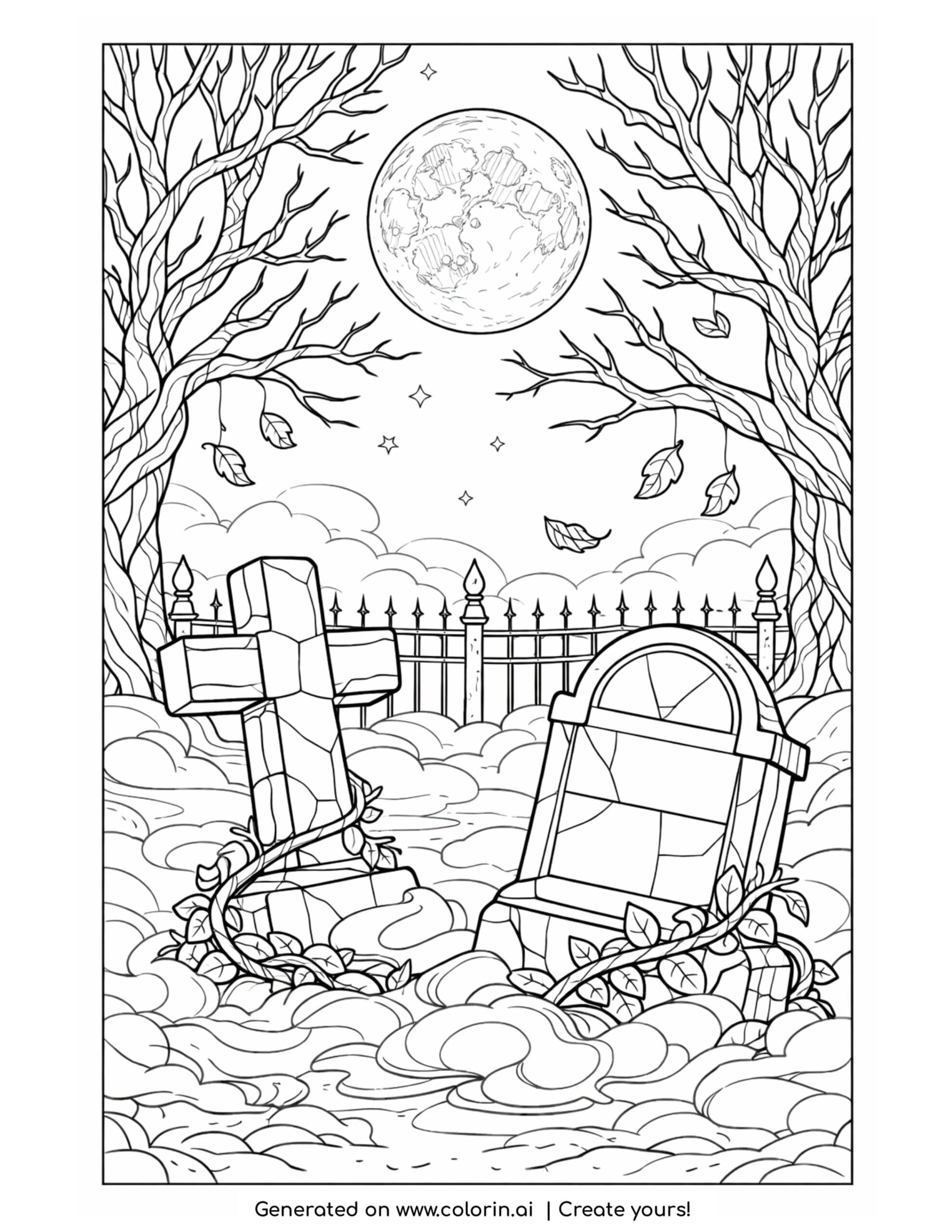 graveyard coloring pages, a moonlit graveyard with a cross headstone, an arched tombstone, an iron fence, and bare trees