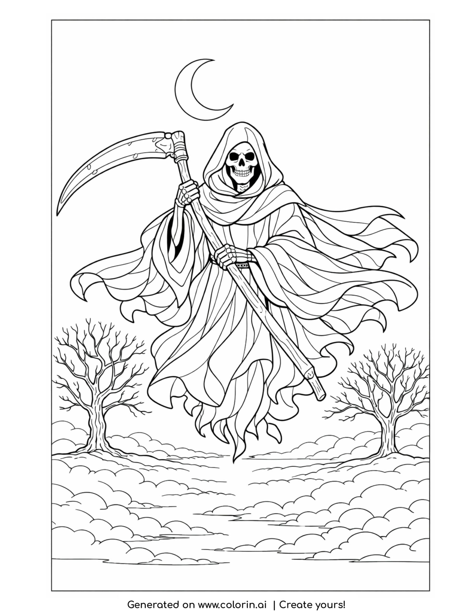 grim reaper coloring pages, a hooded grim reaper with a scythe drifting over a misty field under a crescent moon