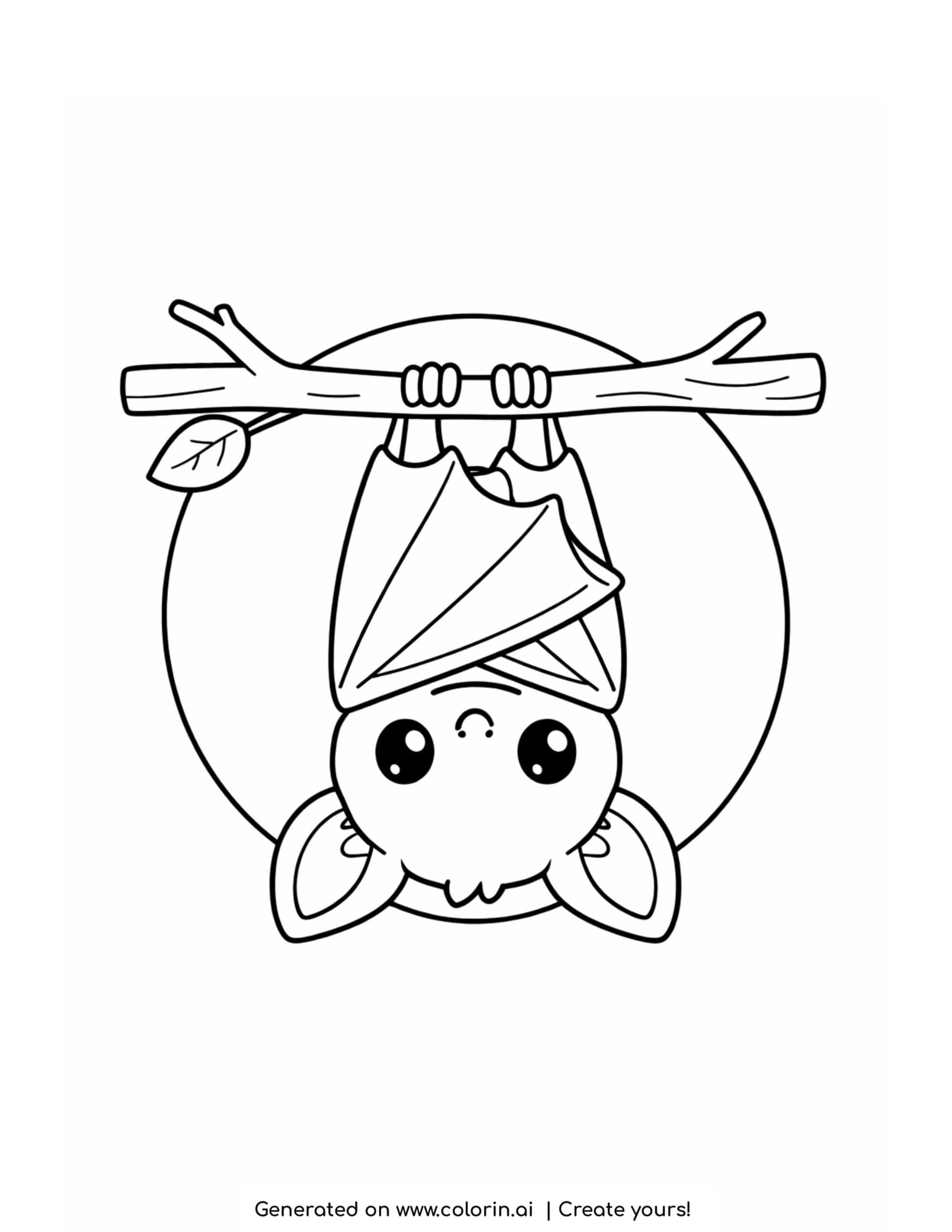 halloween bat coloring pages, a cute bat hanging upside down from a branch with a moon behind