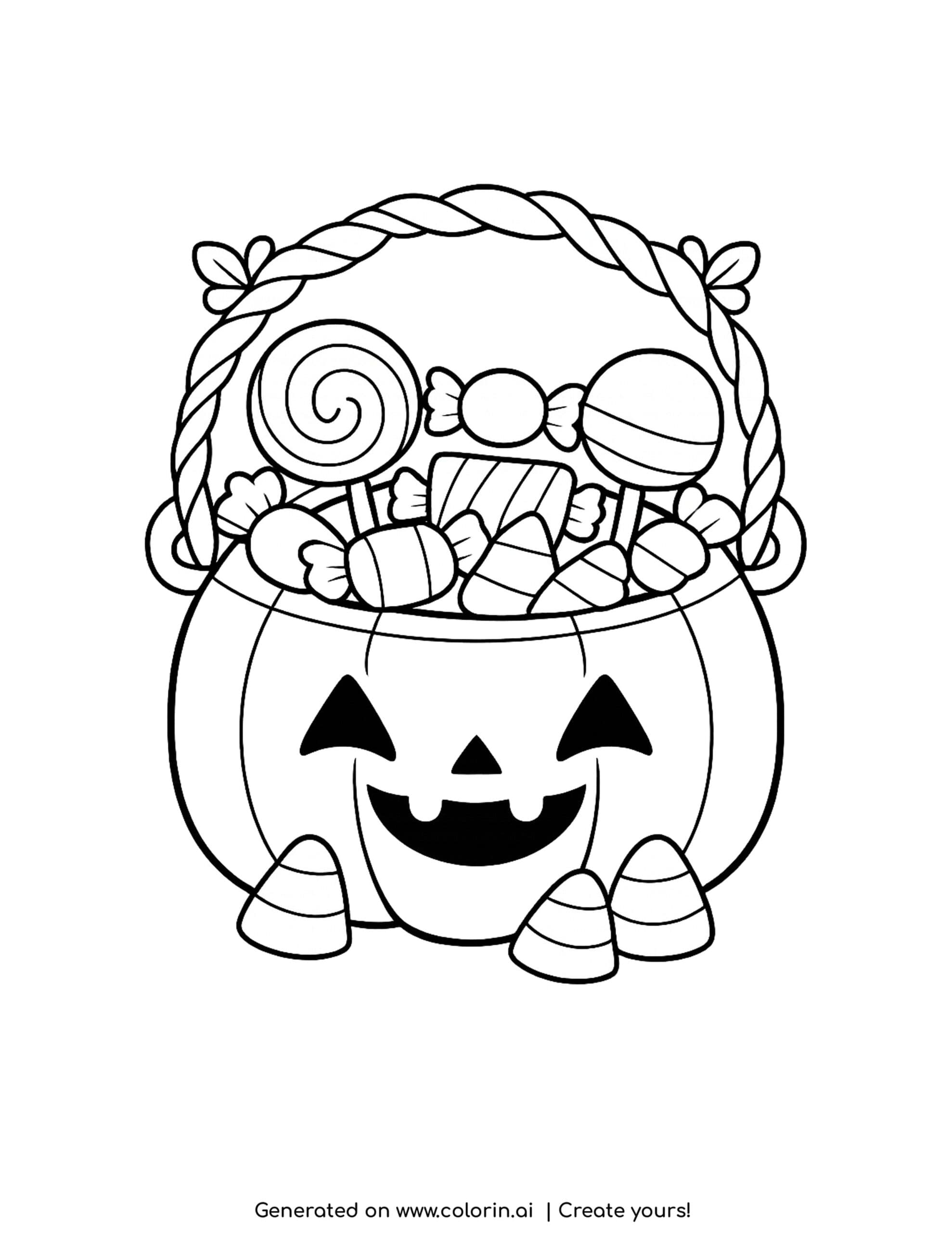 halloween candy coloring pages, a pumpkin bucket overflowing with candies, a lollipop, and candy corn