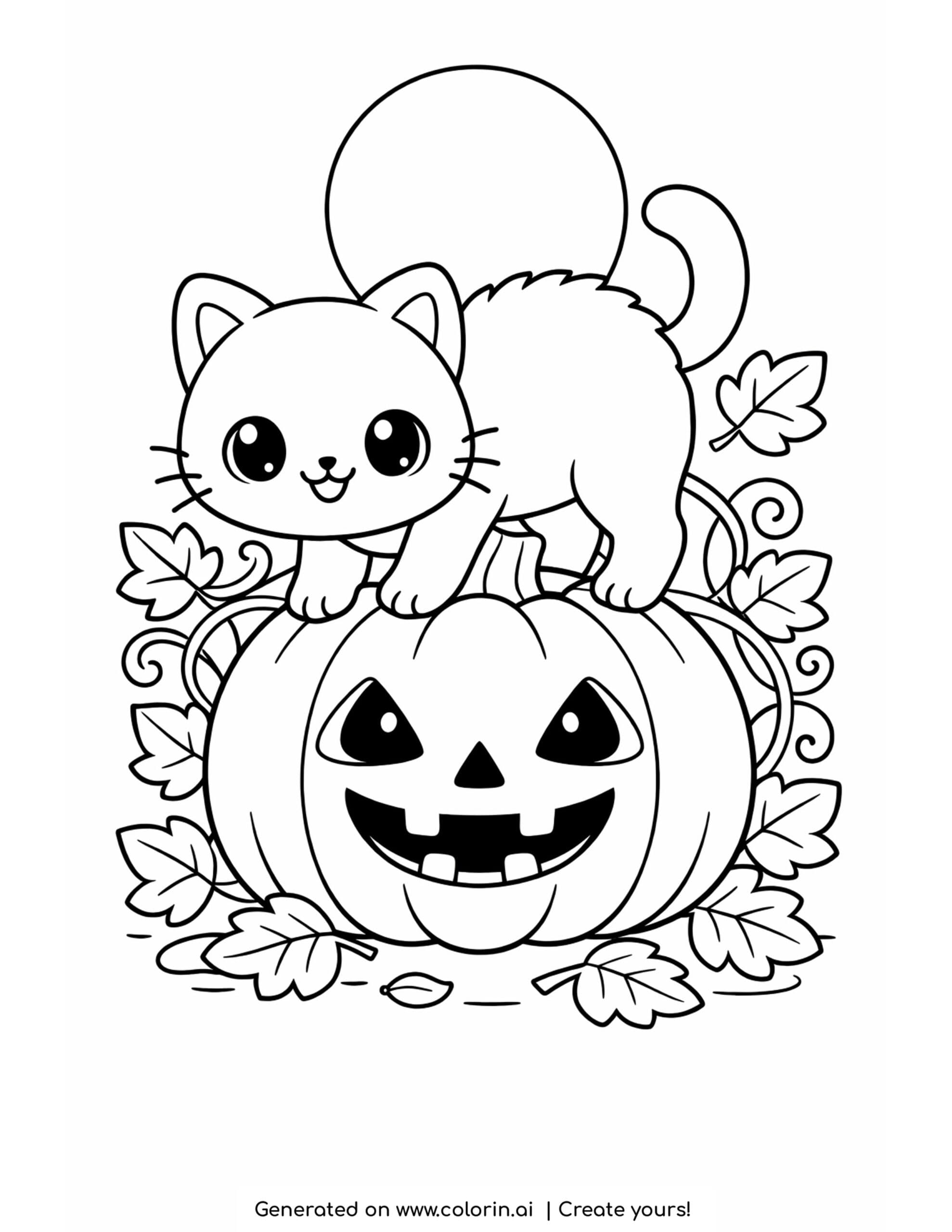 halloween cat coloring pages, a fluffy black cat arching on a carved pumpkin under a full moon